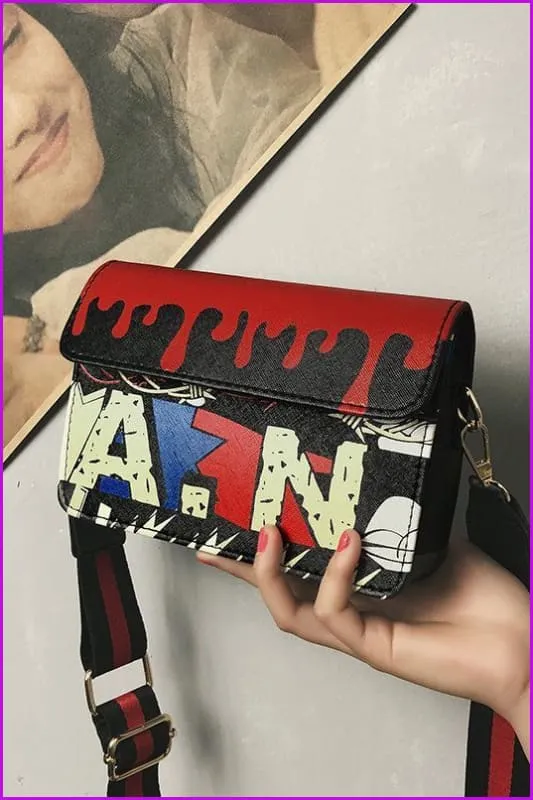 { Ready Stock } Black Kawaii Graffiti Cross Body Bag F139