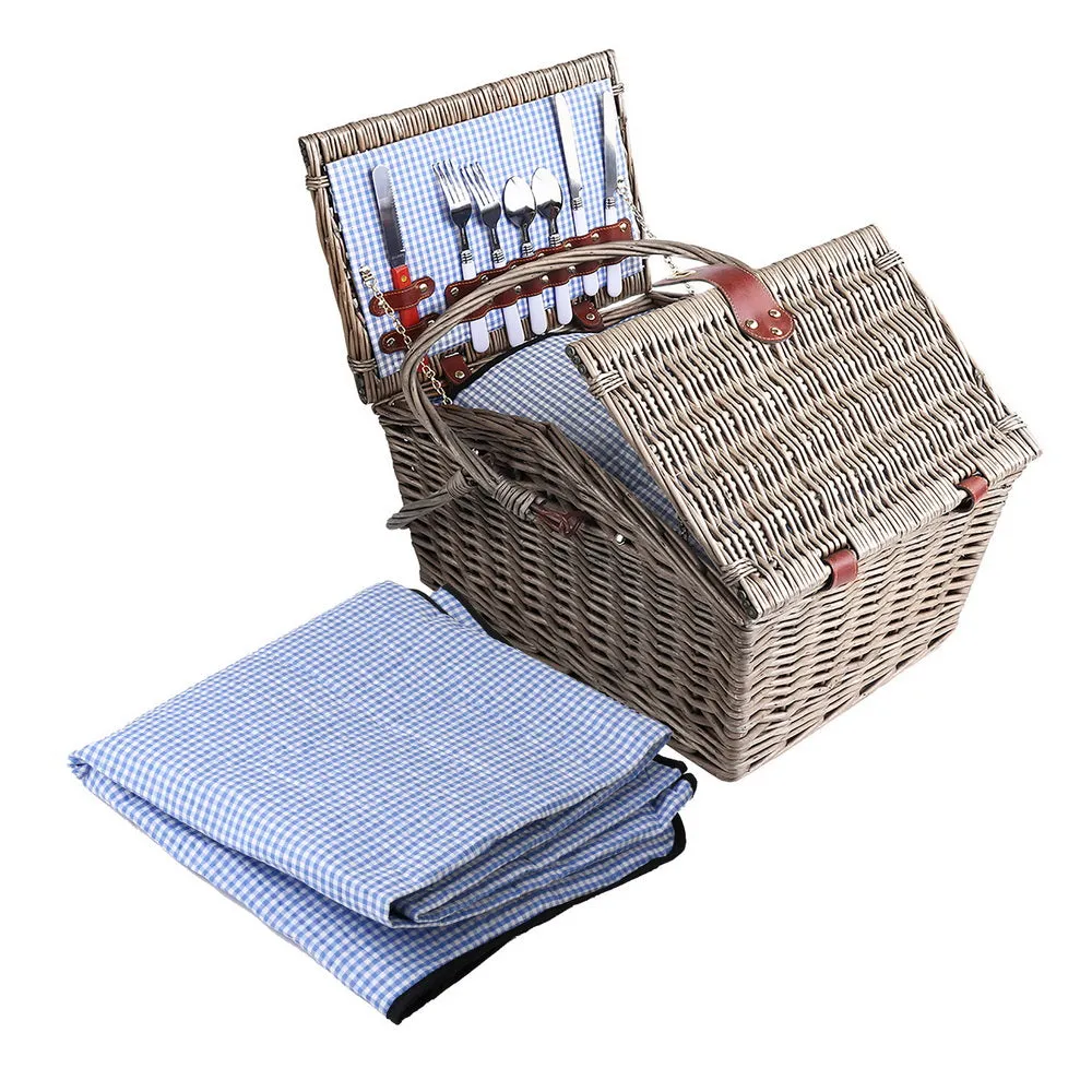 4 Person Willow Picnic Basket Set w/ Blanket, Cutlery - Alfresco