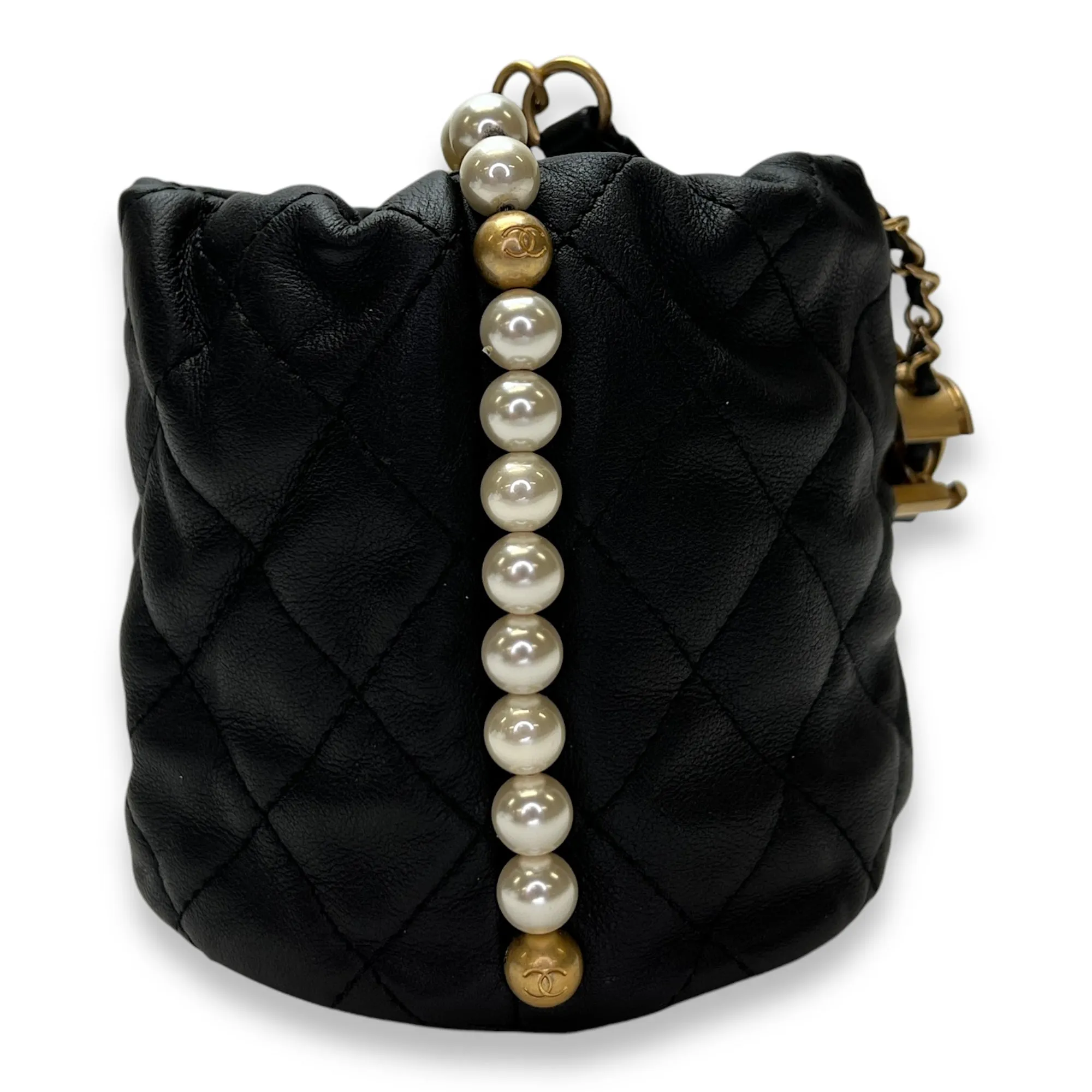 About Pearls Mini Black Bucket Bag in Calfskin, Gold hardware