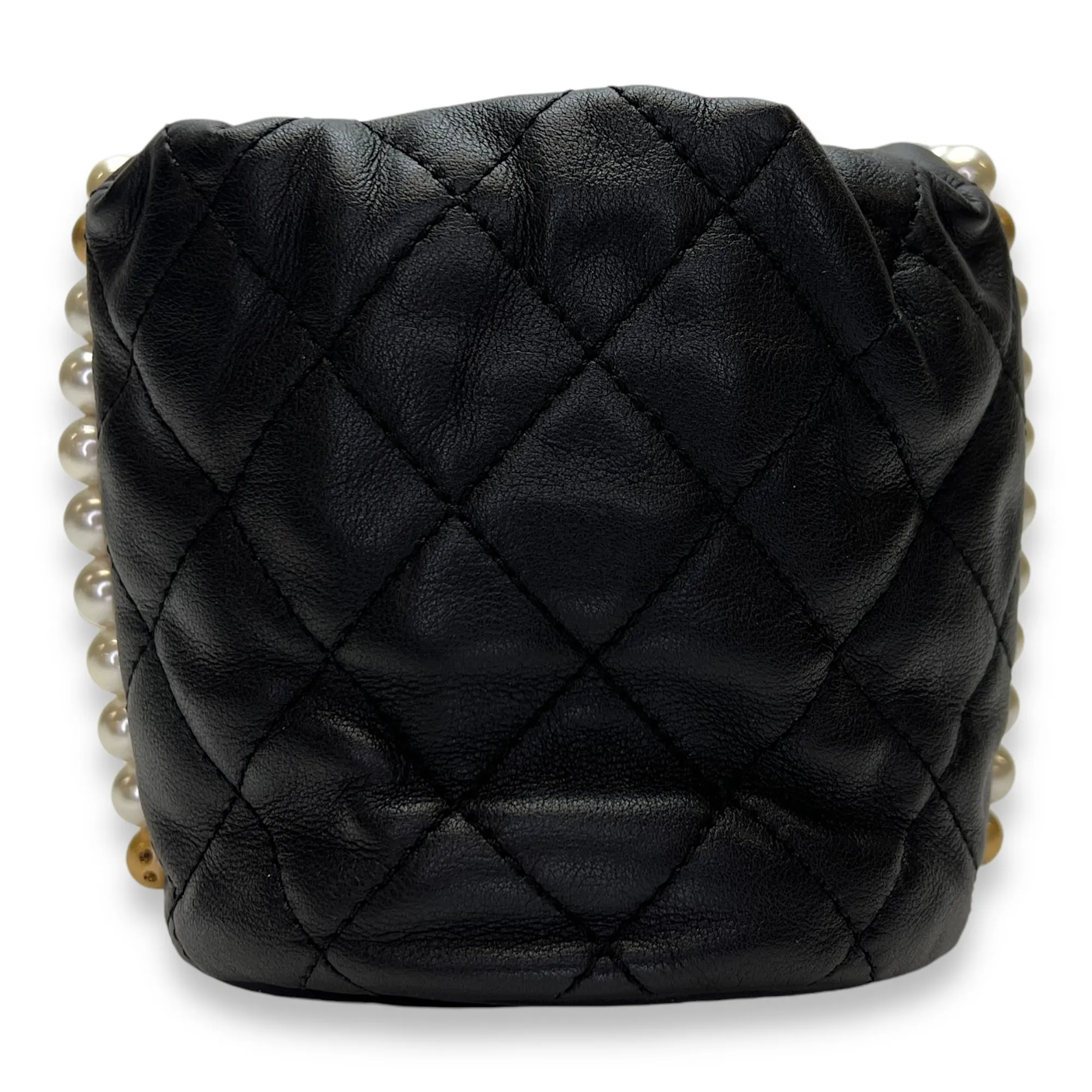 About Pearls Mini Black Bucket Bag in Calfskin, Gold hardware