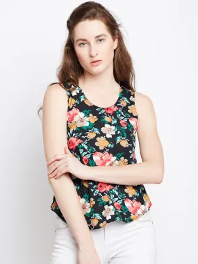 Berrylush Women Black & Multicolour Floral Printed Round Neck Sleeveless Crepe Regular Top