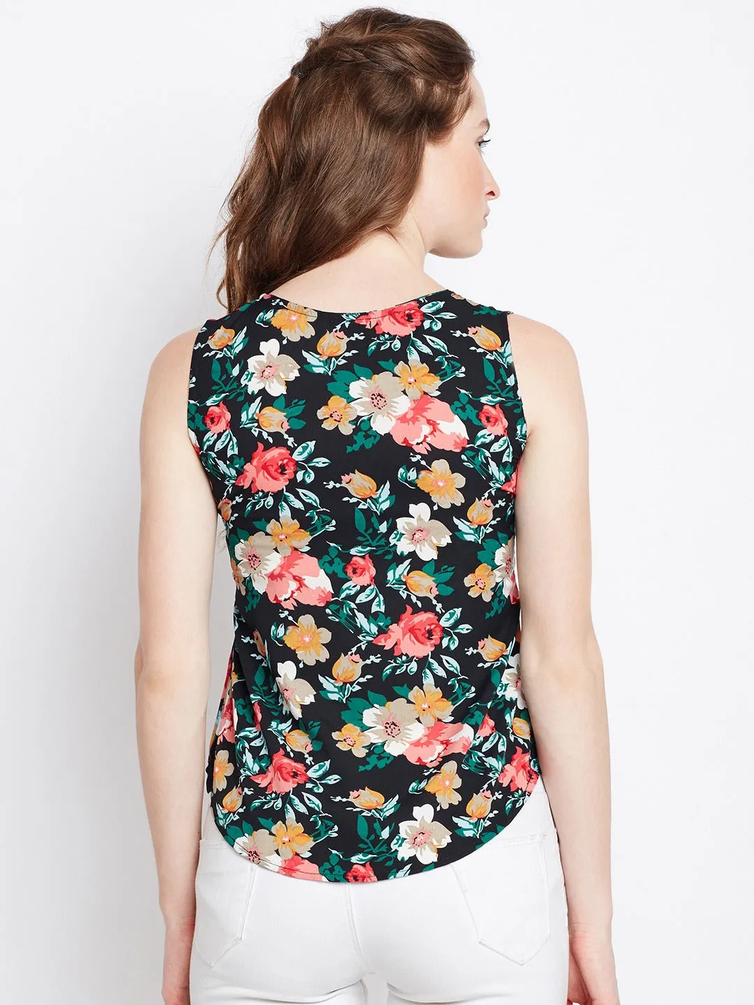 Berrylush Women Black & Multicolour Floral Printed Round Neck Sleeveless Crepe Regular Top