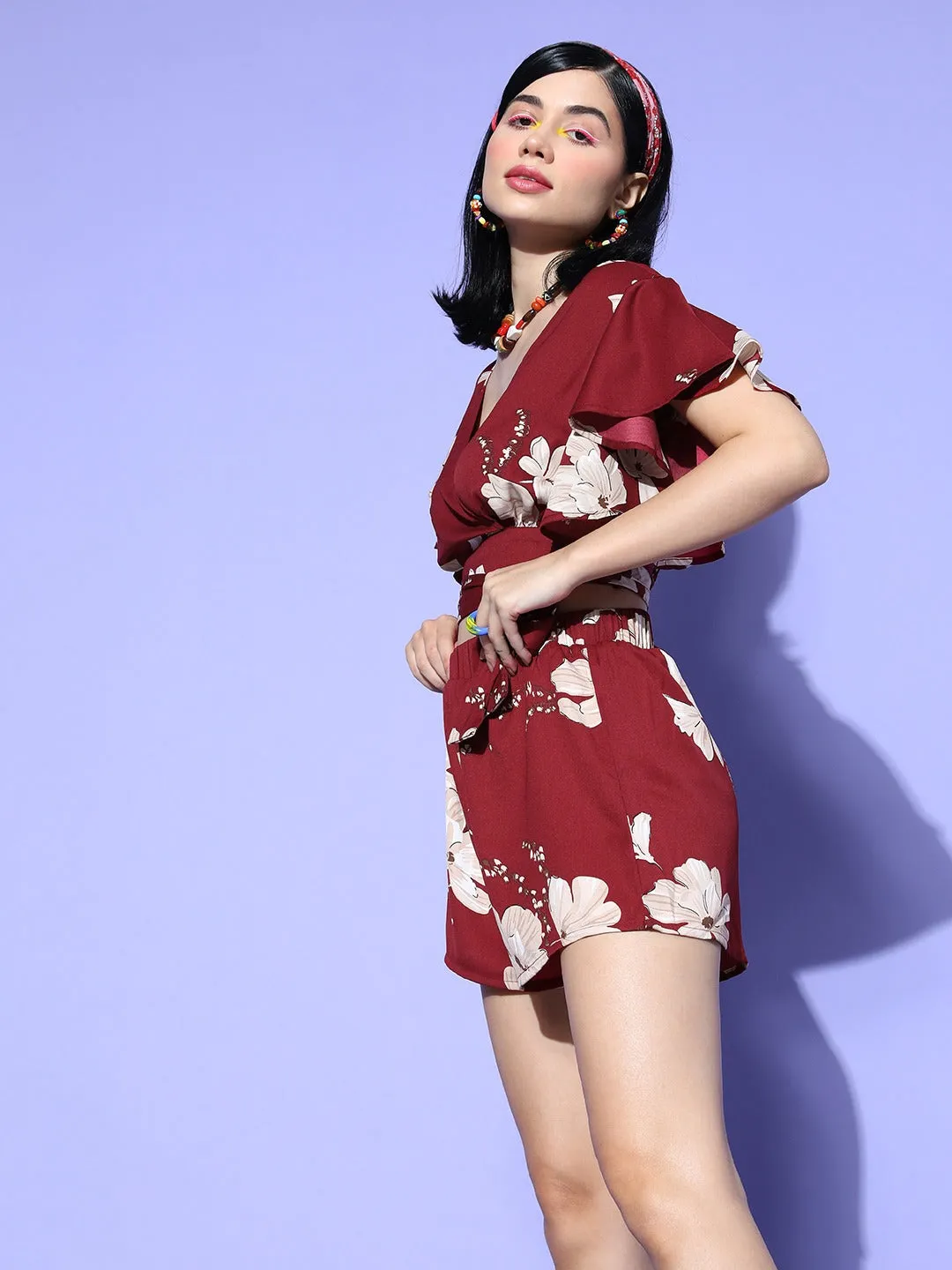 Berrylush Women Maroon & White Floral Printed V-Neck Tie-Up Waist Crop Top & Slip-On Mini Shorts Co-Ord Set