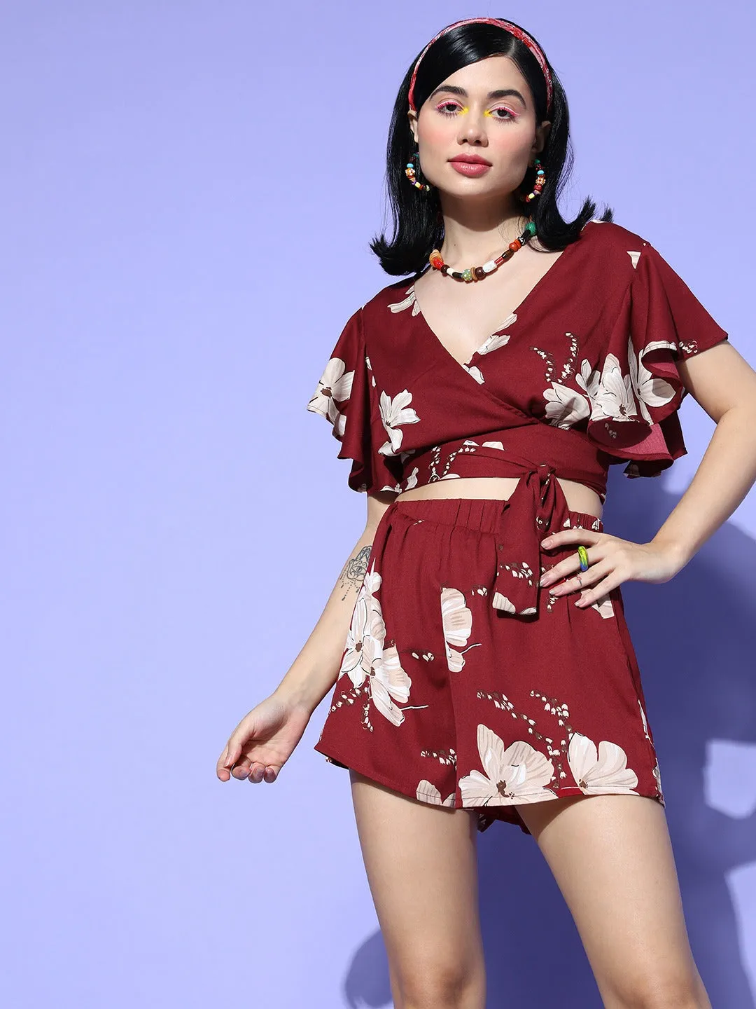 Berrylush Women Maroon & White Floral Printed V-Neck Tie-Up Waist Crop Top & Slip-On Mini Shorts Co-Ord Set