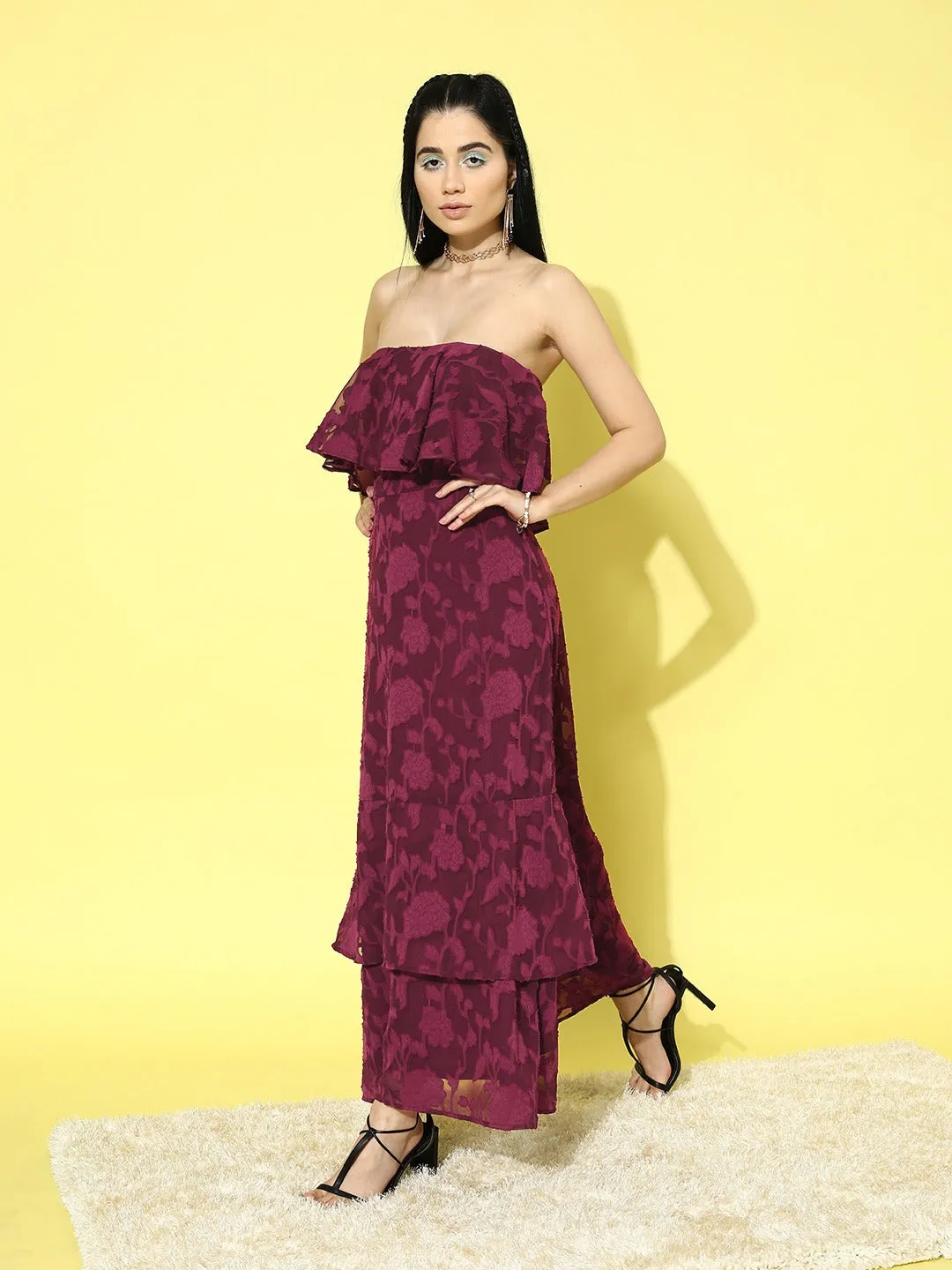 Berrylush Women Maroon Floral Pattern Strapless Neck Sleeveless Jacquard Ruffled Fit & Flare Midi Dress