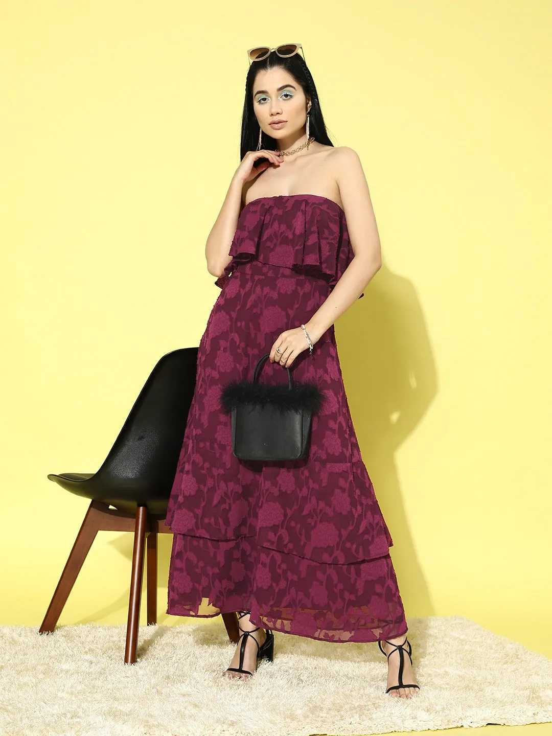 Berrylush Women Maroon Floral Pattern Strapless Neck Sleeveless Jacquard Ruffled Fit & Flare Midi Dress