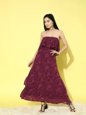 Berrylush Women Maroon Floral Pattern Strapless Neck Sleeveless Jacquard Ruffled Fit & Flare Midi Dress