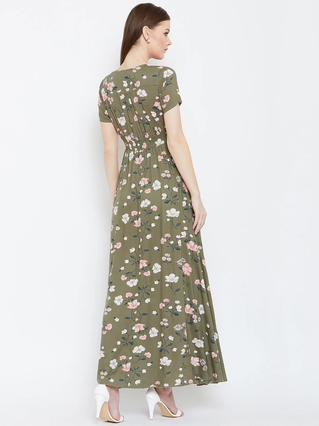 Berrylush Women Olive Green & White Floral Printed V-Neck Front Button Tie-Up Smocked Maxi Dress