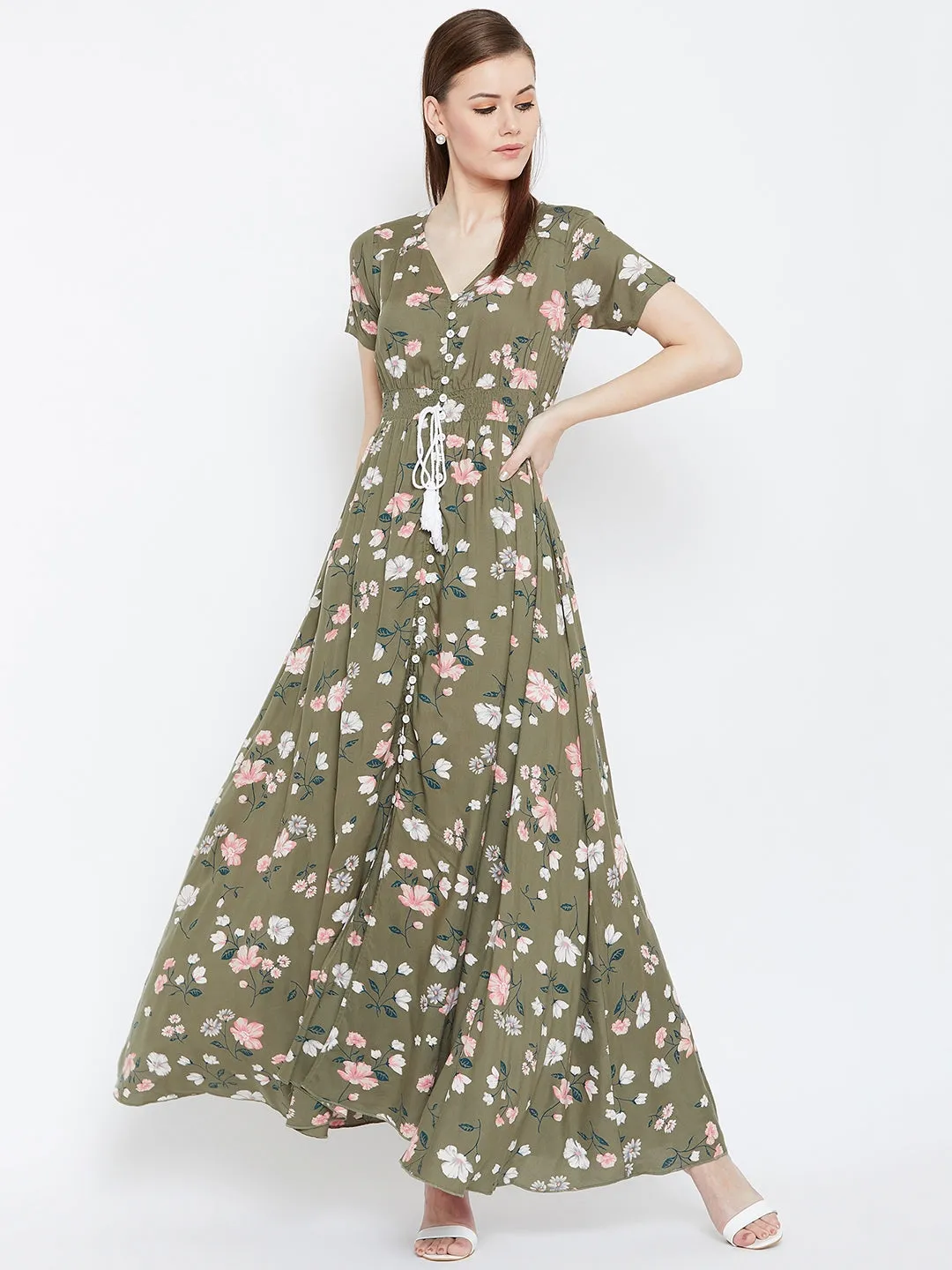 Berrylush Women Olive Green & White Floral Printed V-Neck Front Button Tie-Up Smocked Maxi Dress