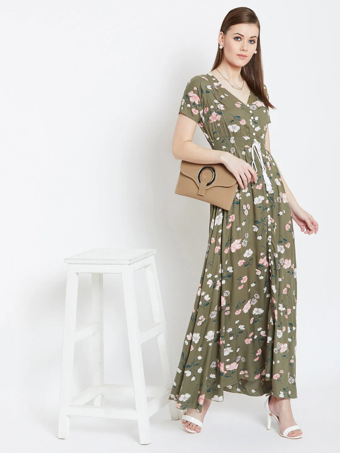 Berrylush Women Olive Green & White Floral Printed V-Neck Front Button Tie-Up Smocked Maxi Dress