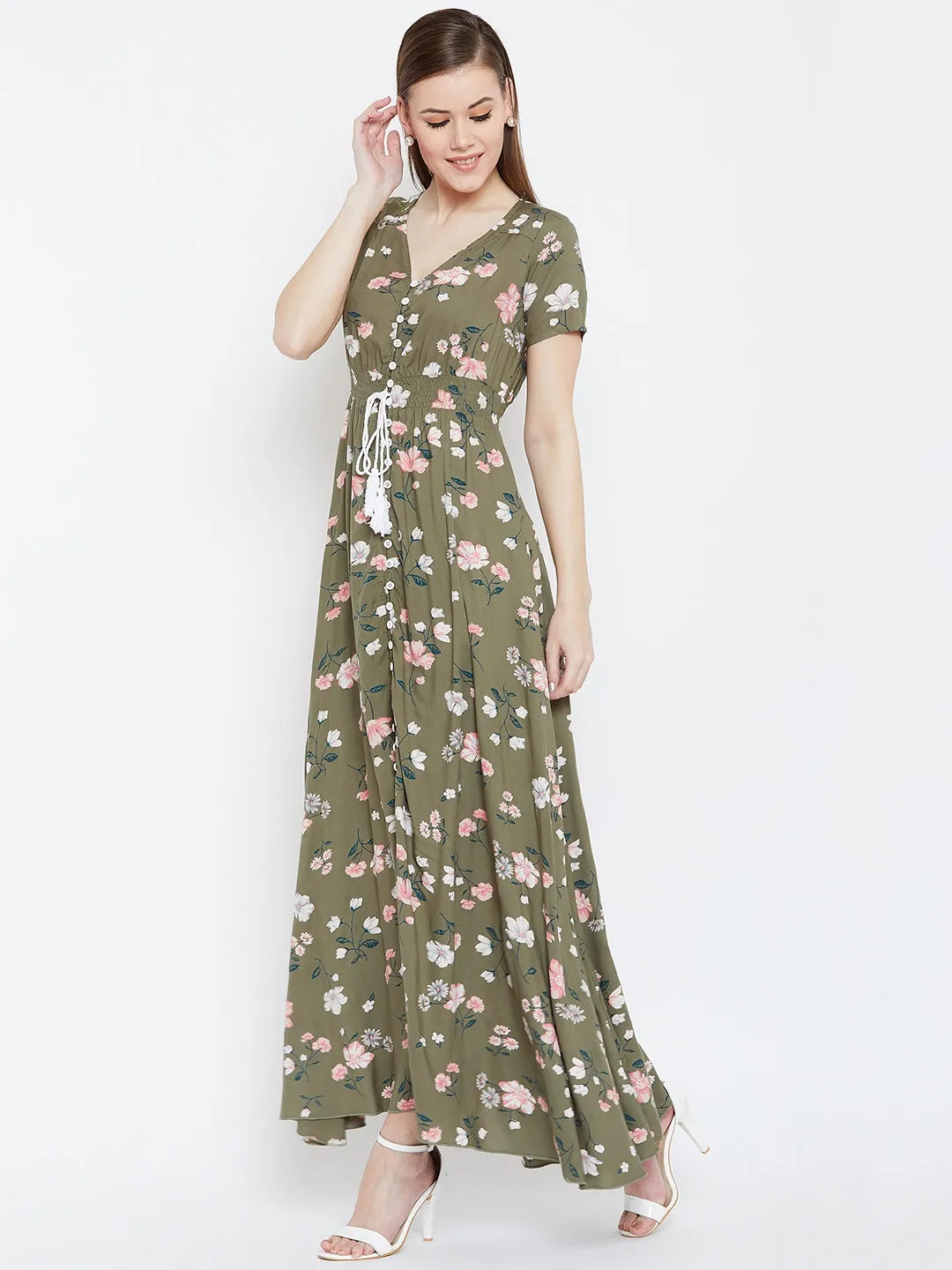 Berrylush Women Olive Green & White Floral Printed V-Neck Front Button Tie-Up Smocked Maxi Dress