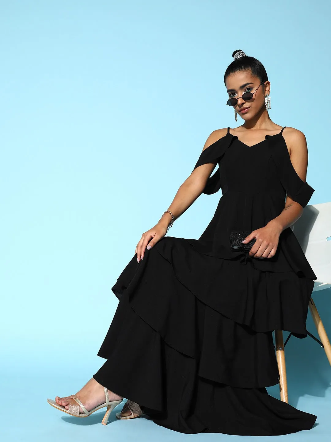 Berrylush Women Solid Black V-Neck Cold-Shoulder Flounce Hem Layered A-Line Maxi Dress