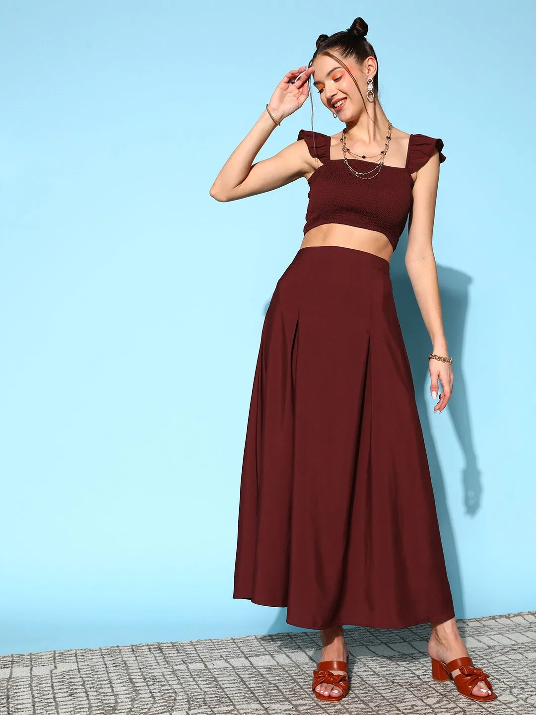 Berrylush Women Solid Maroon Square Neck Smocked Crop Top & Thigh-High Slit Maxi Skirt Co-Ord Dress