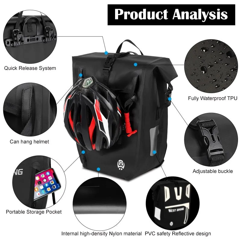 Bicycle Trunk Bag TPU 100% Waterproof MTB Road Bike Panniers 25L Large Capacity Shoulder Bag Cycling Accessories