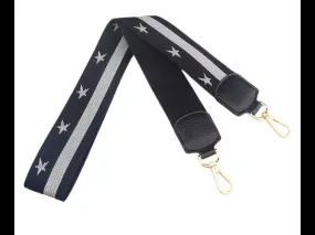 Black Bag Strap with metallic stars and stripe with gold hardware width  Faux Leather Tabs