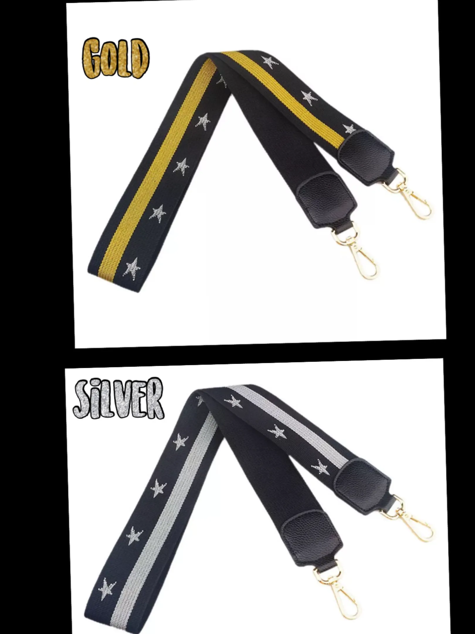 Black Bag Strap with metallic stars and stripe with gold hardware width  Faux Leather Tabs