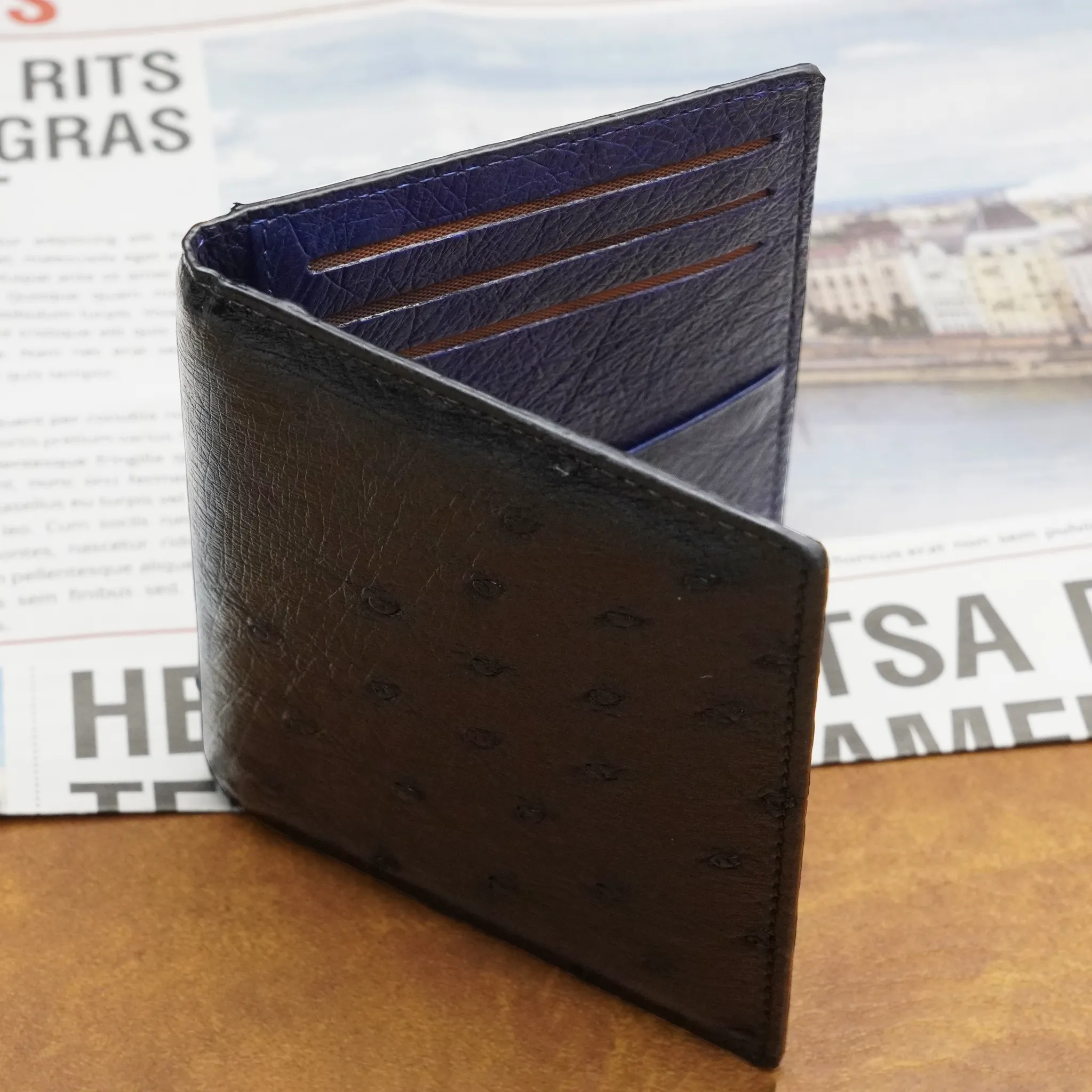 Black Blue Double Side Ostrich Leather Credit Card Holder | RFID Blocking | CARDOS-14