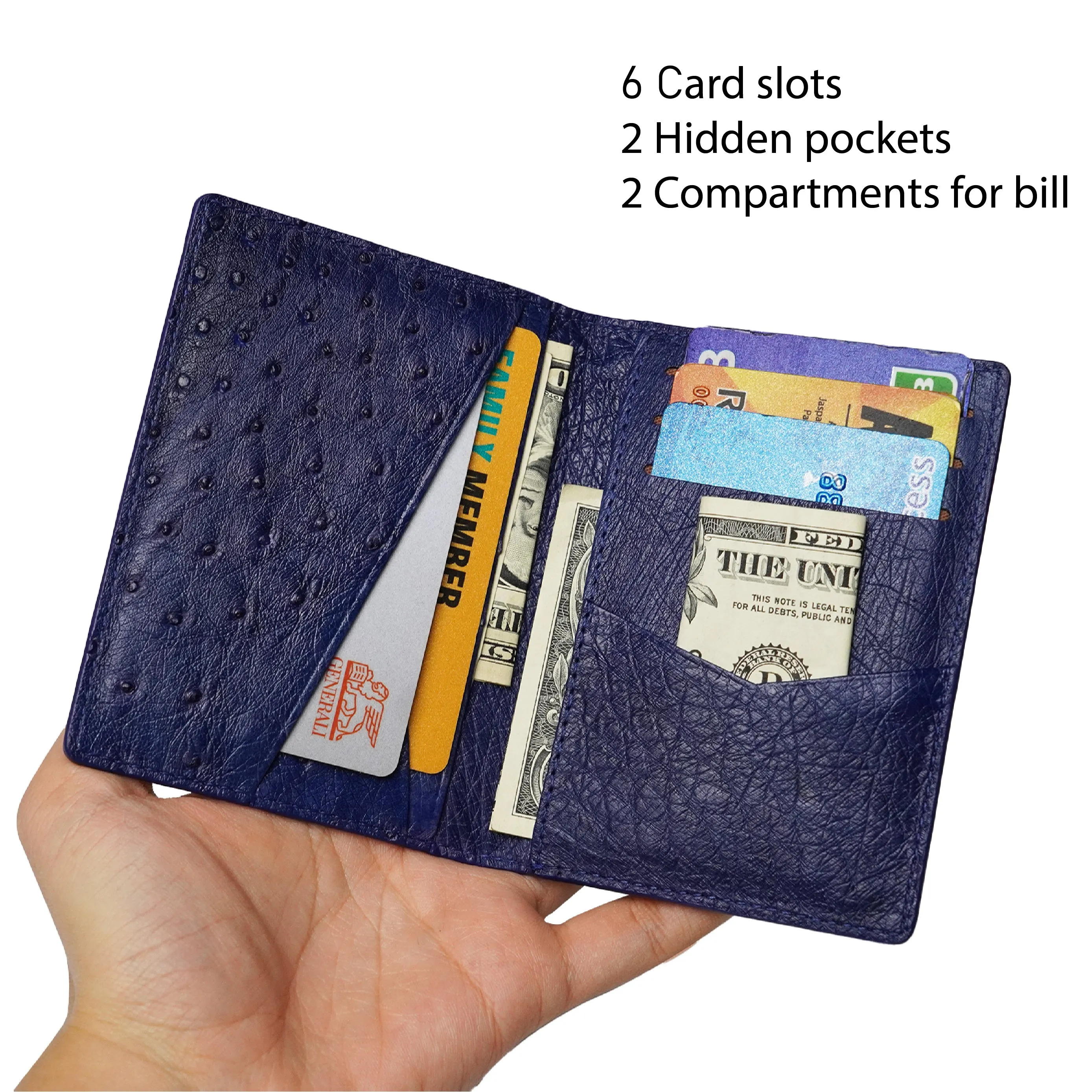 Black Blue Double Side Ostrich Leather Credit Card Holder | RFID Blocking | CARDOS-14