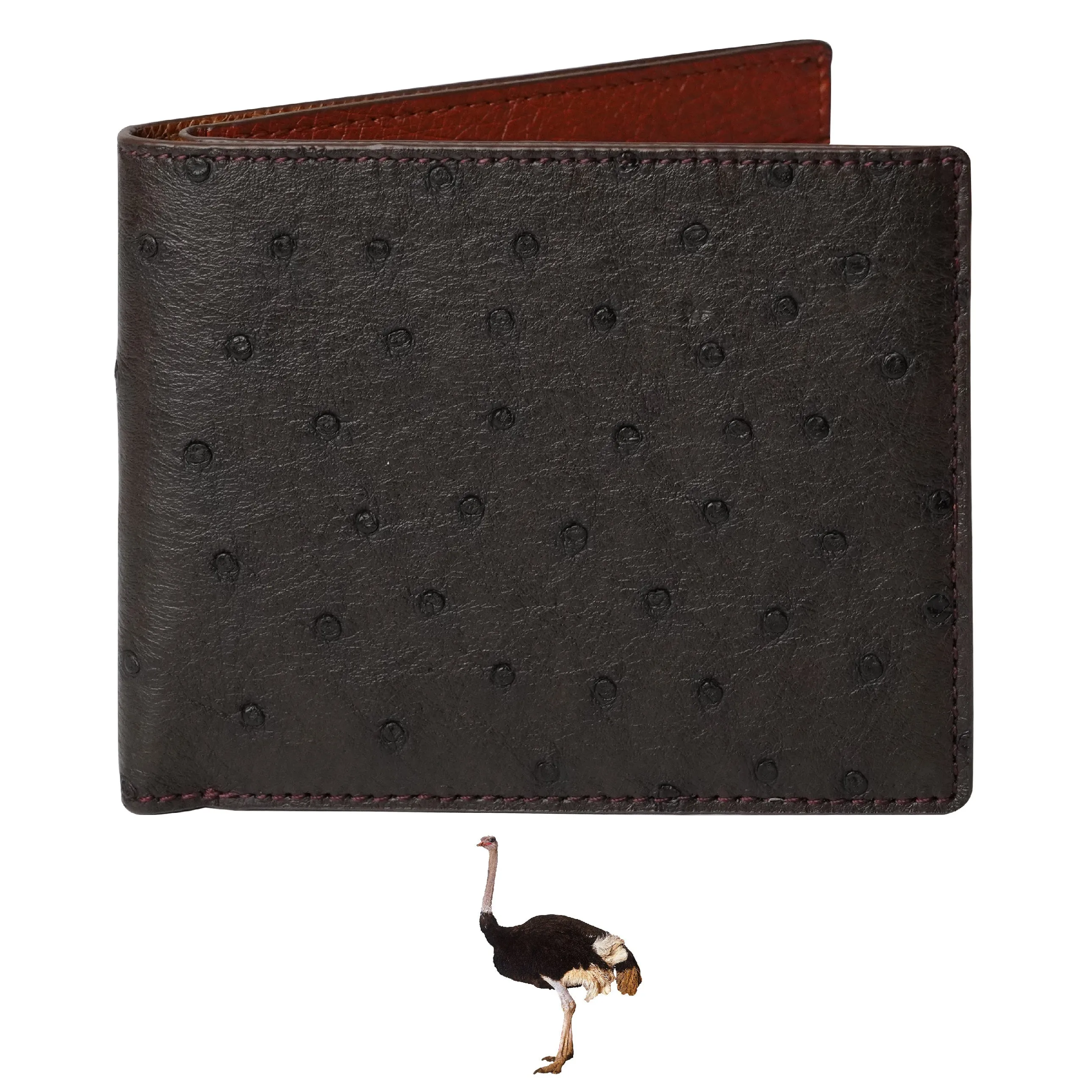 Black Brown Double Side Ostrich Leather Bifold Handmade Wallet RFID Blocking | VINAMOS-36