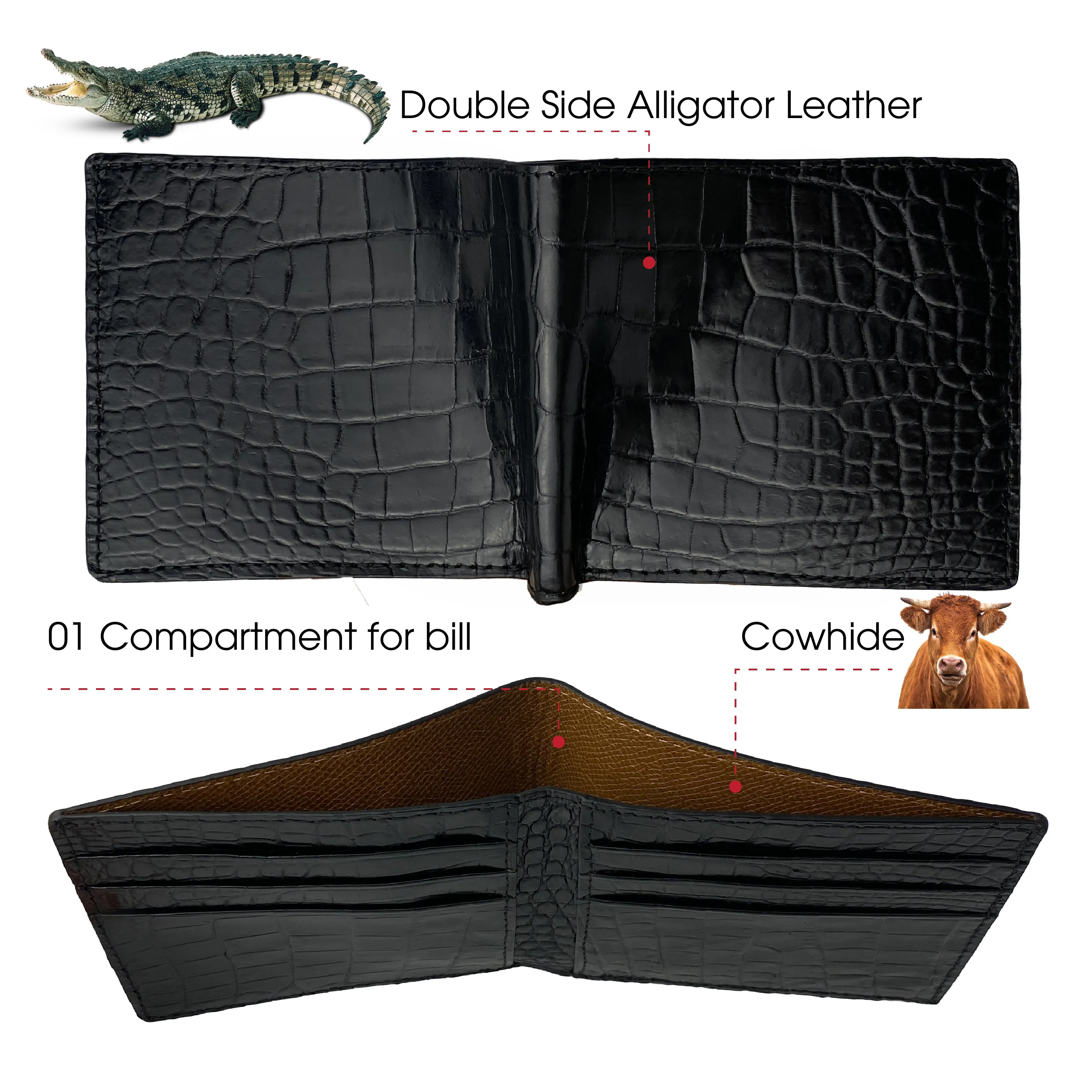 Black Double Side Alligator Slim Bifold Wallet For Men | Handmade Crocodile Belly Leather Wallet RFID Blocking | VILE-111