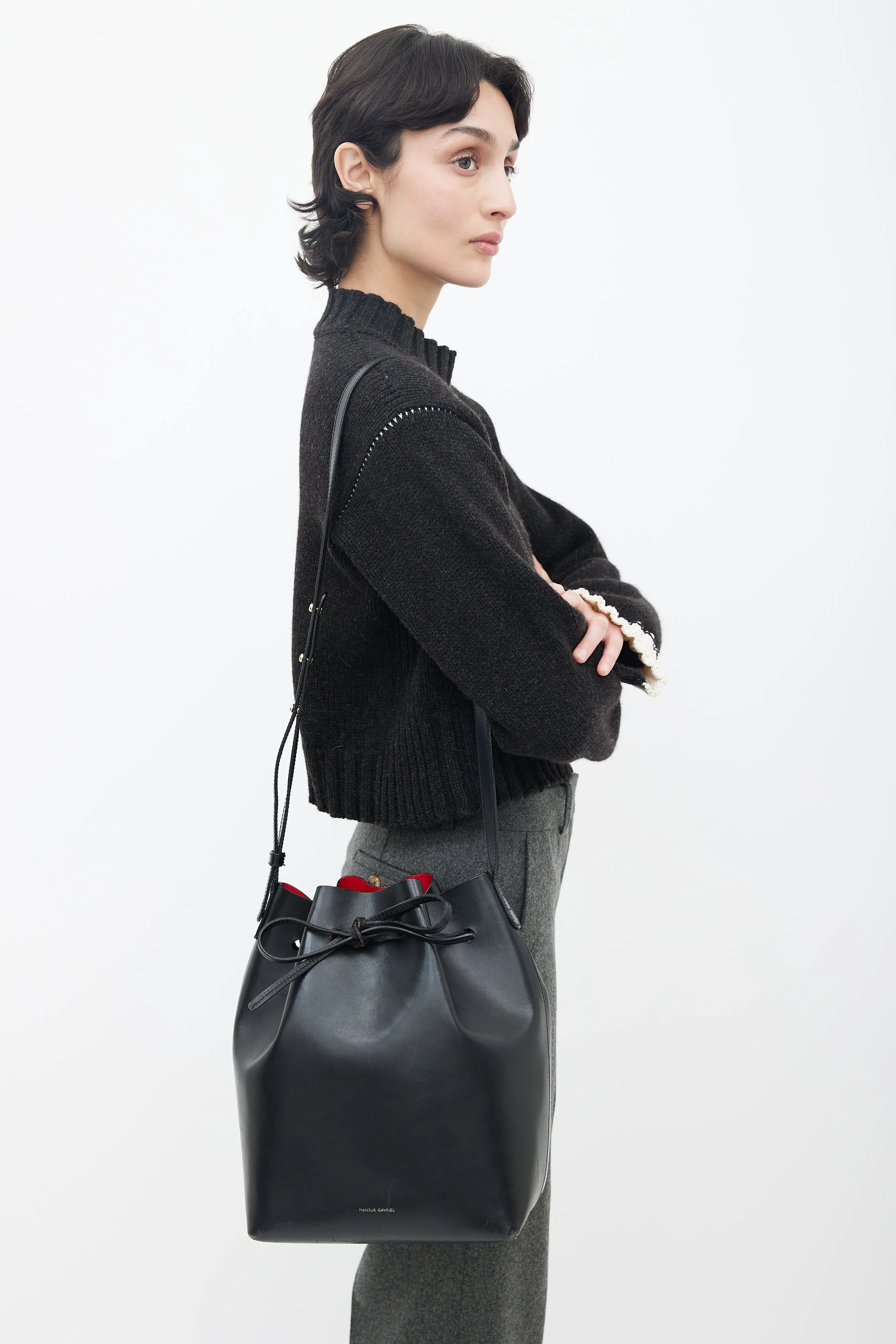 Black Leather Bucket Shoulder Bag