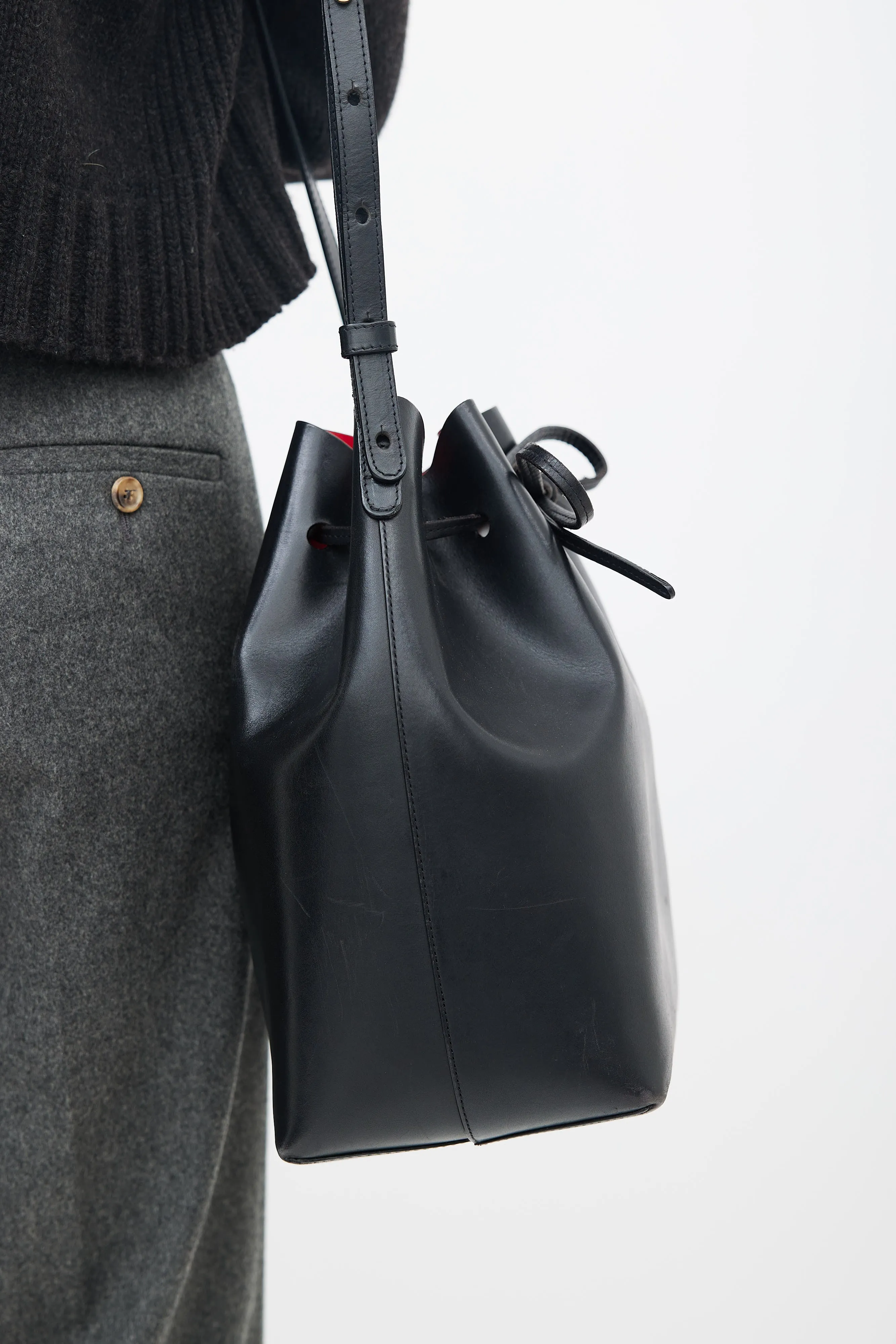 Black Leather Bucket Shoulder Bag