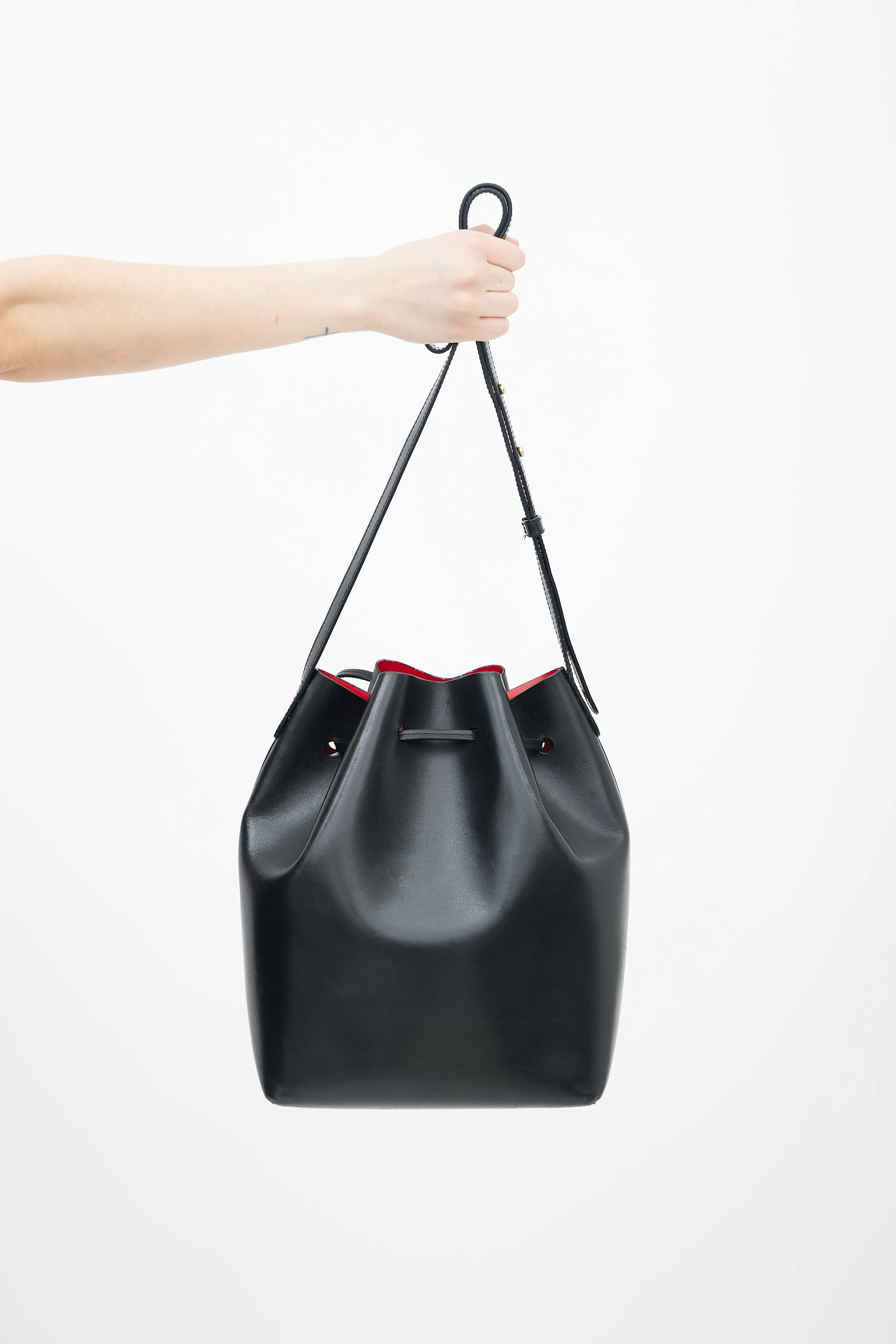 Black Leather Bucket Shoulder Bag