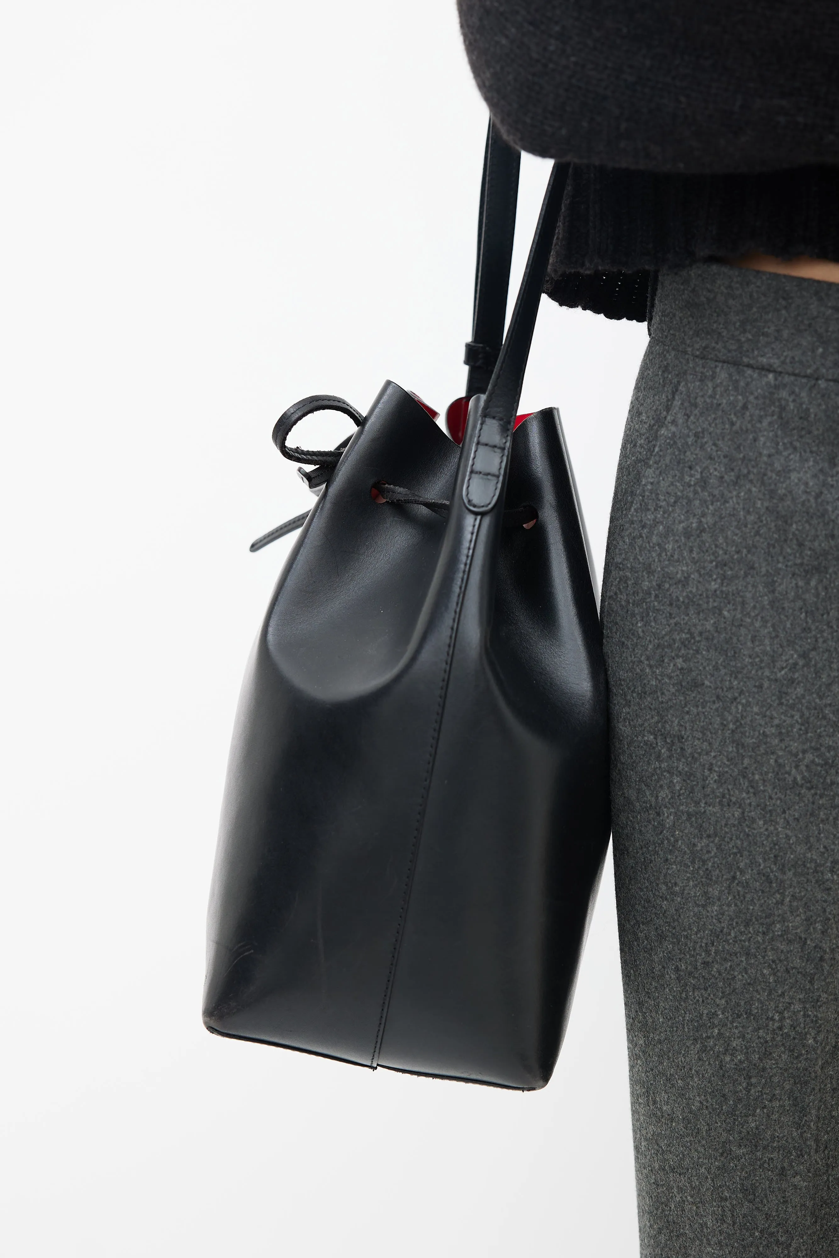 Black Leather Bucket Shoulder Bag