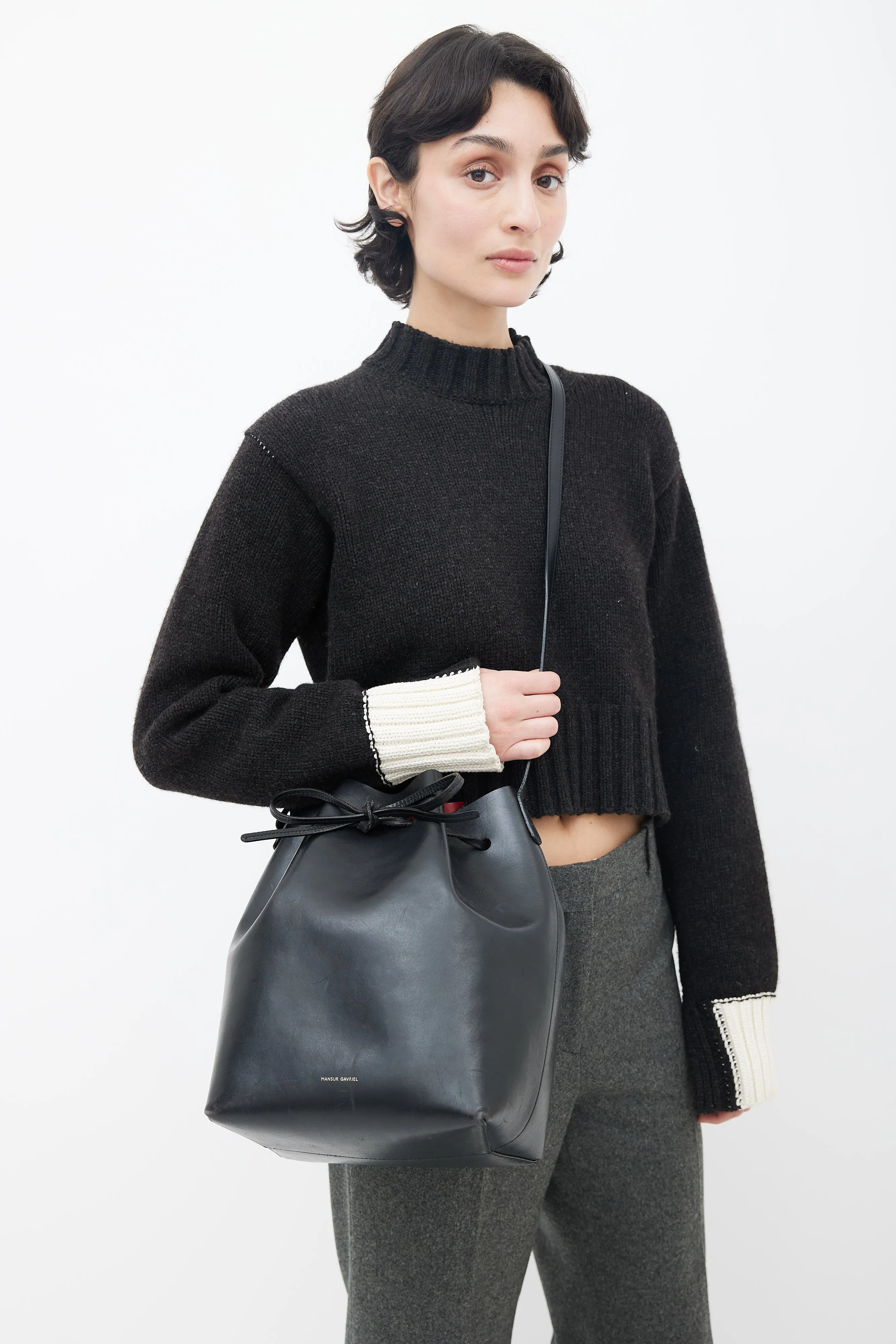 Black Leather Bucket Shoulder Bag