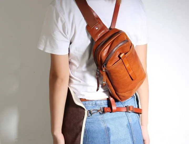 Black Leather Mens Cool Chest Bag Sling Bag Crossbody Pack Brown Travel SLing Pack for men