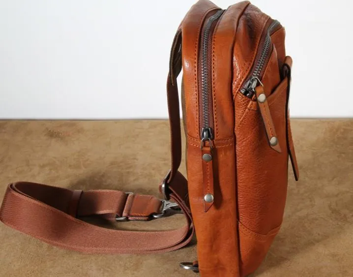 Black Leather Mens Cool Chest Bag Sling Bag Crossbody Pack Brown Travel SLing Pack for men