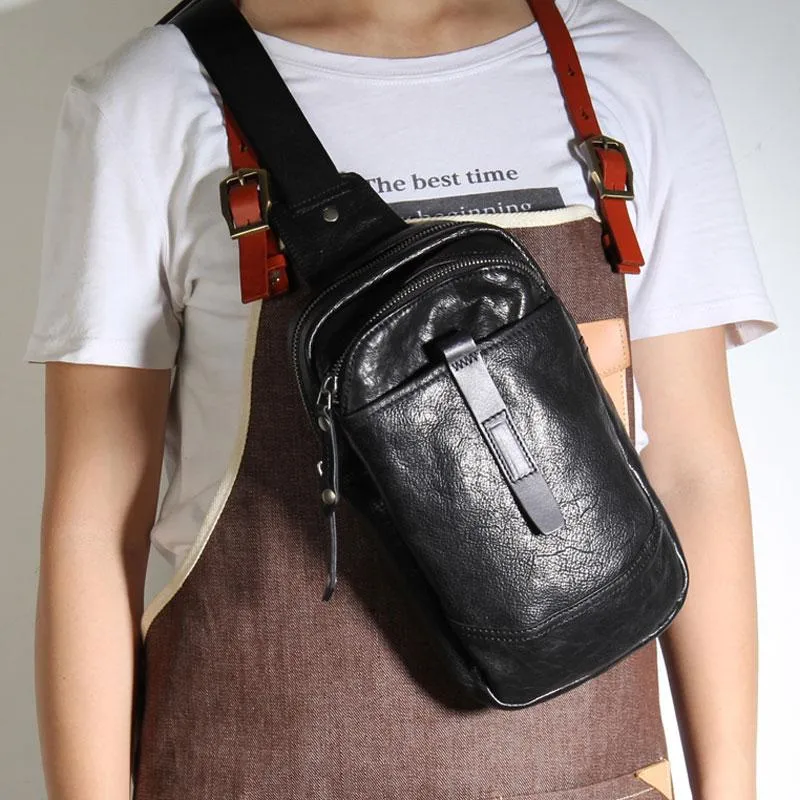 Black Leather Mens Cool Chest Bag Sling Bag Crossbody Pack Brown Travel SLing Pack for men