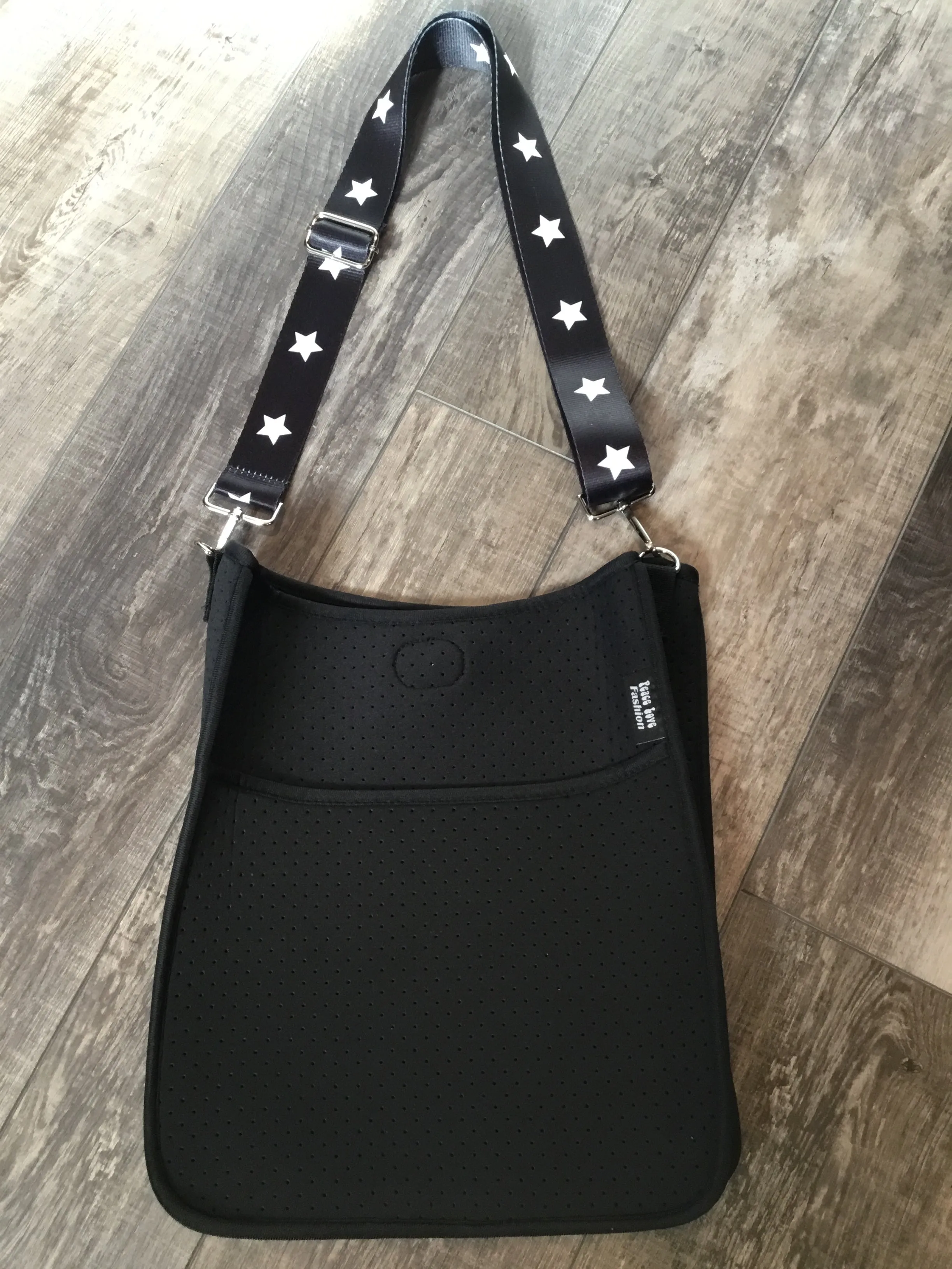 Black Neoprene Messenger Bag with Black & White Star Strap