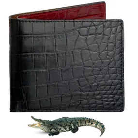 Black Red Double Side Alligator Leather Slim Bifold Wallet For Men | Handmade Crocodile Belly Leather Wallet RFID Blocking | VILE-112