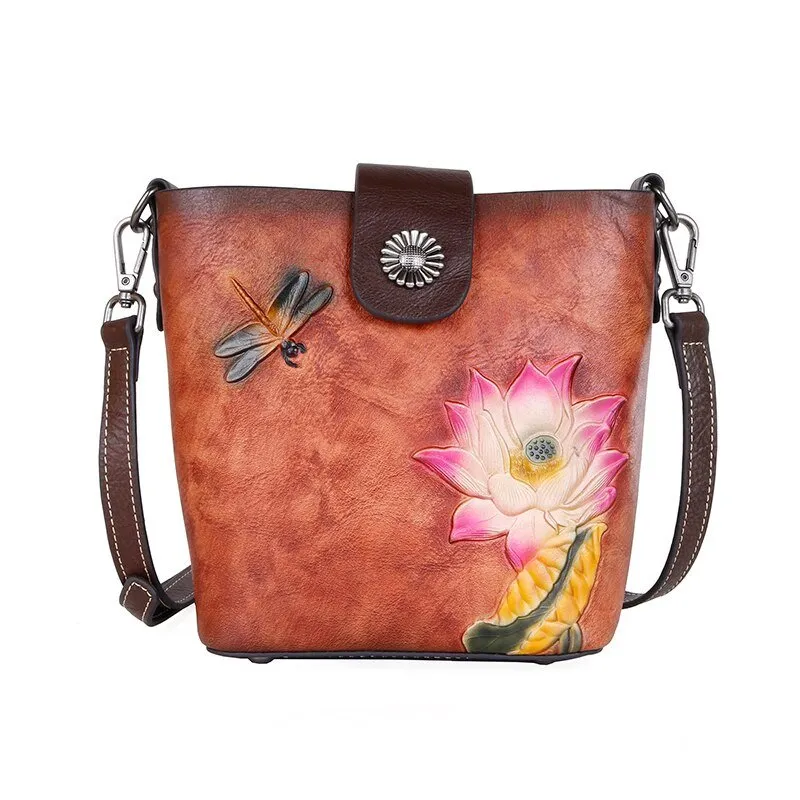 BOLAIER Bucket Messenger Leather Floral Embossed Shoulder Bag