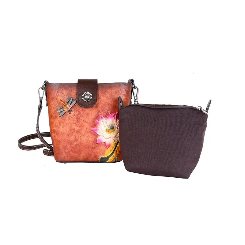 BOLAIER Bucket Messenger Leather Floral Embossed Shoulder Bag