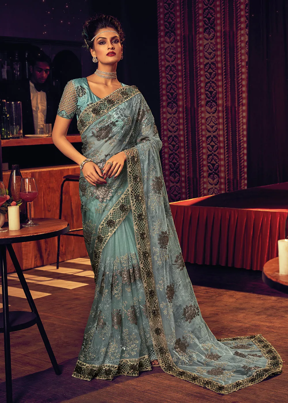 Bridal Party Phenomenal Sea Green Premium Net Designer Saree