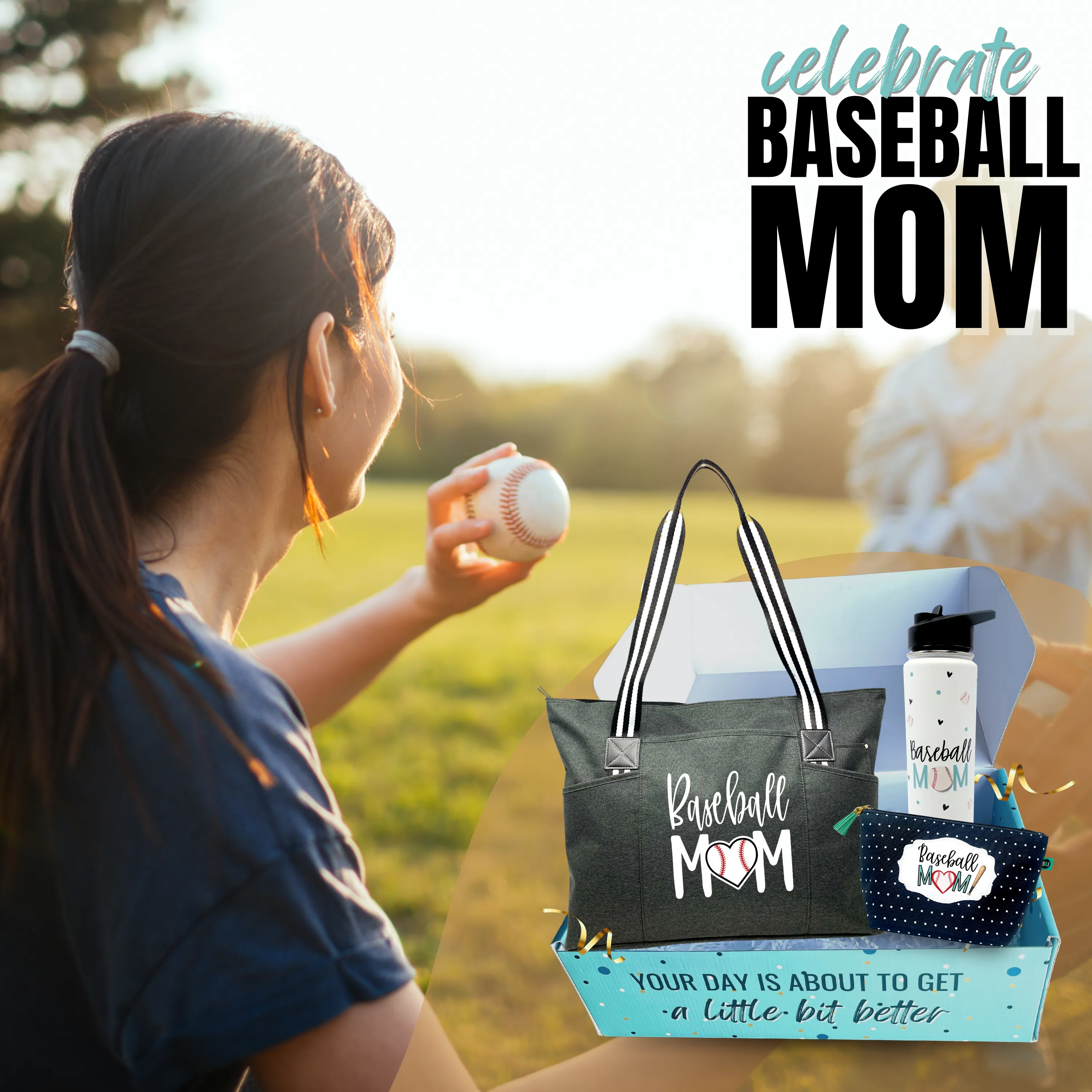 Brooke and Jess Designs - Baseball Mom Tessa Black Tote Bag, 24 oz Waterbottle Tumbler, and Janie Makeup Cosmetic Bag Gift Box Set