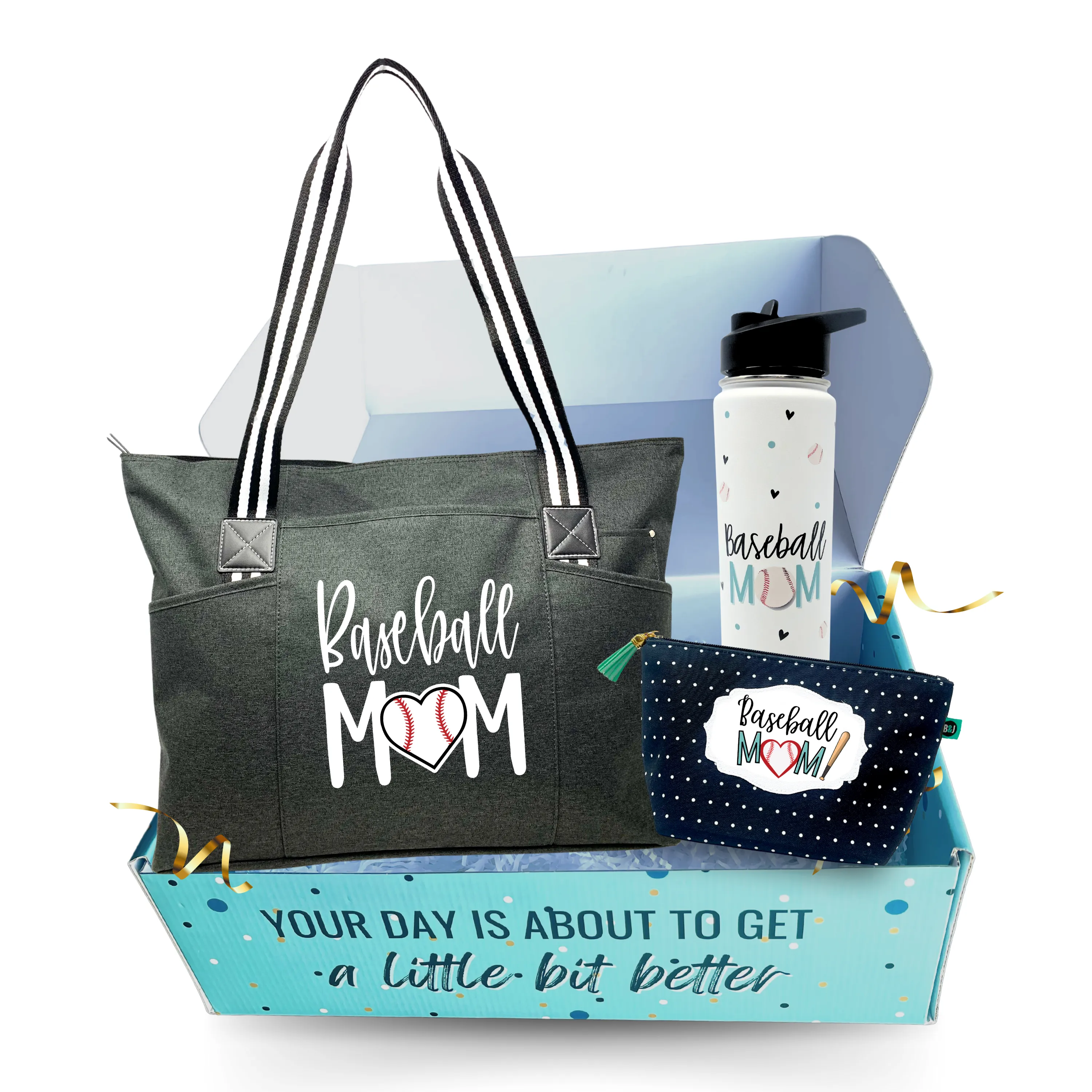 Brooke and Jess Designs - Baseball Mom Tessa Black Tote Bag, 24 oz Waterbottle Tumbler, and Janie Makeup Cosmetic Bag Gift Box Set