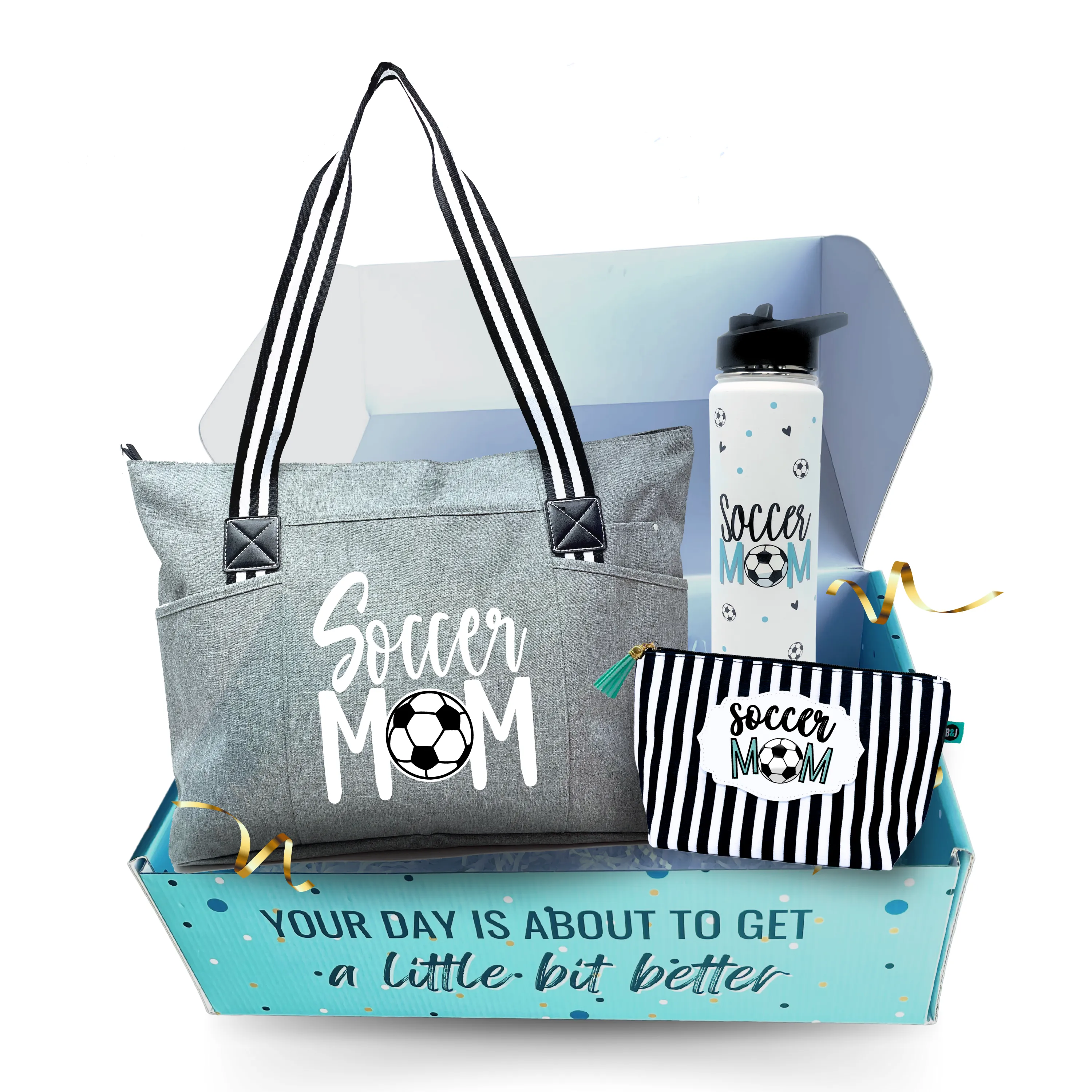 Brooke and Jess Designs - Soccer Mom Tessa Black Tote Bag, 24 oz Waterbottle Tumbler, and Janie Makeup Cosmetic Bag Gift Box Set