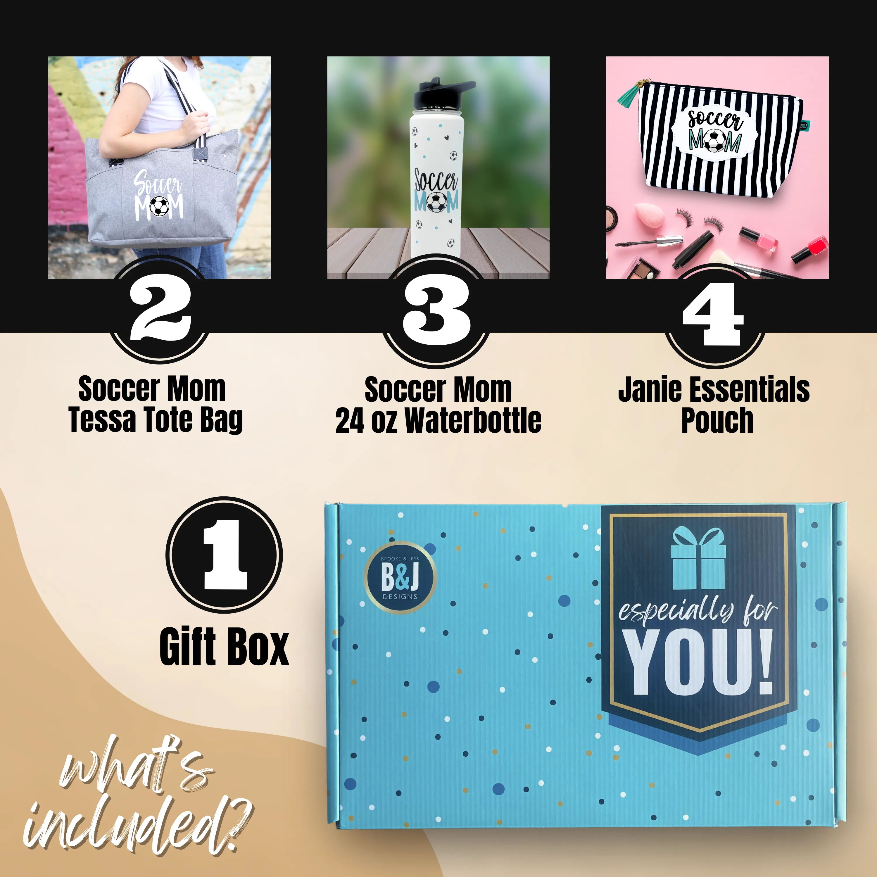 Brooke and Jess Designs - Soccer Mom Tessa Black Tote Bag, 24 oz Waterbottle Tumbler, and Janie Makeup Cosmetic Bag Gift Box Set