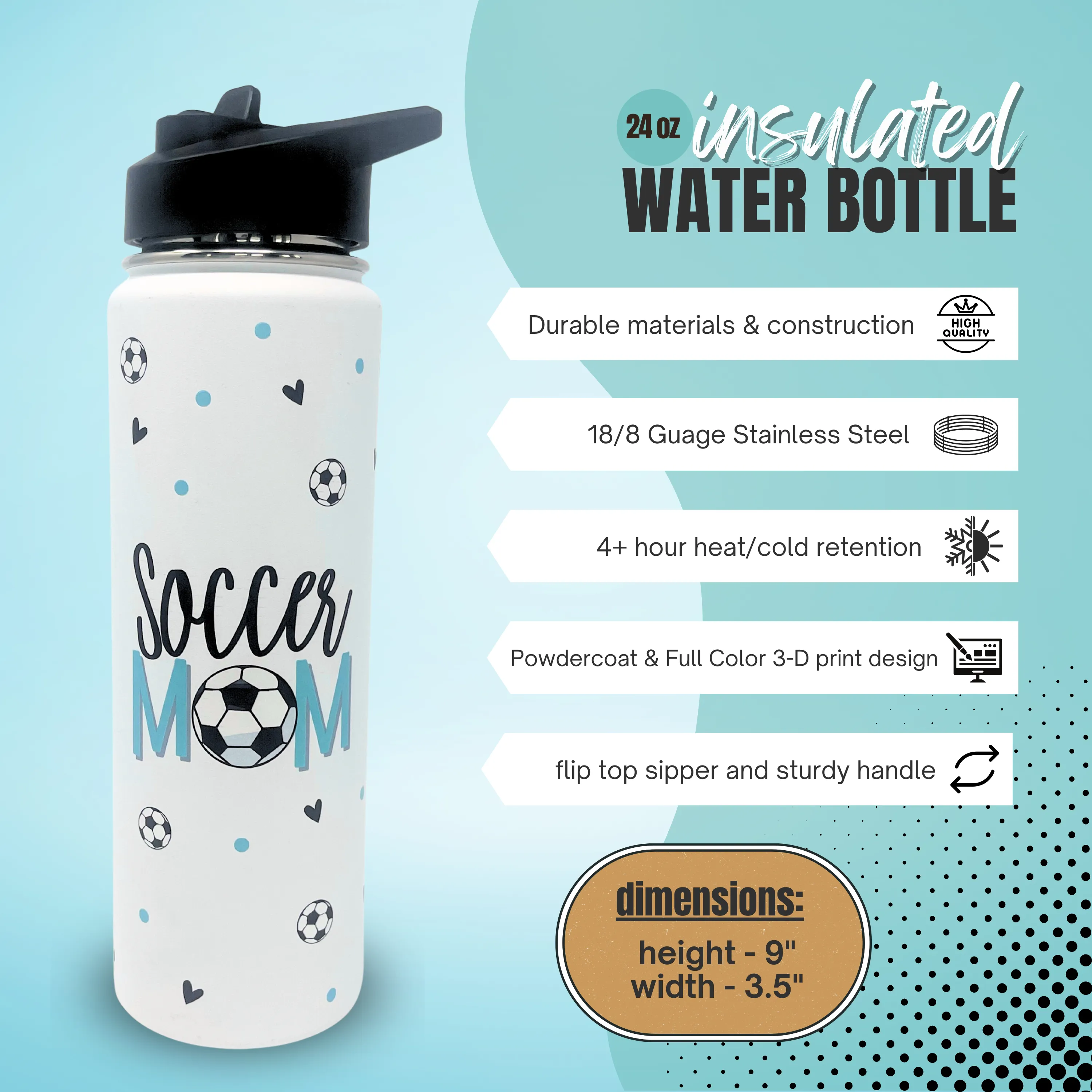 Brooke and Jess Designs - Soccer Mom Tessa Black Tote Bag, 24 oz Waterbottle Tumbler, and Janie Makeup Cosmetic Bag Gift Box Set