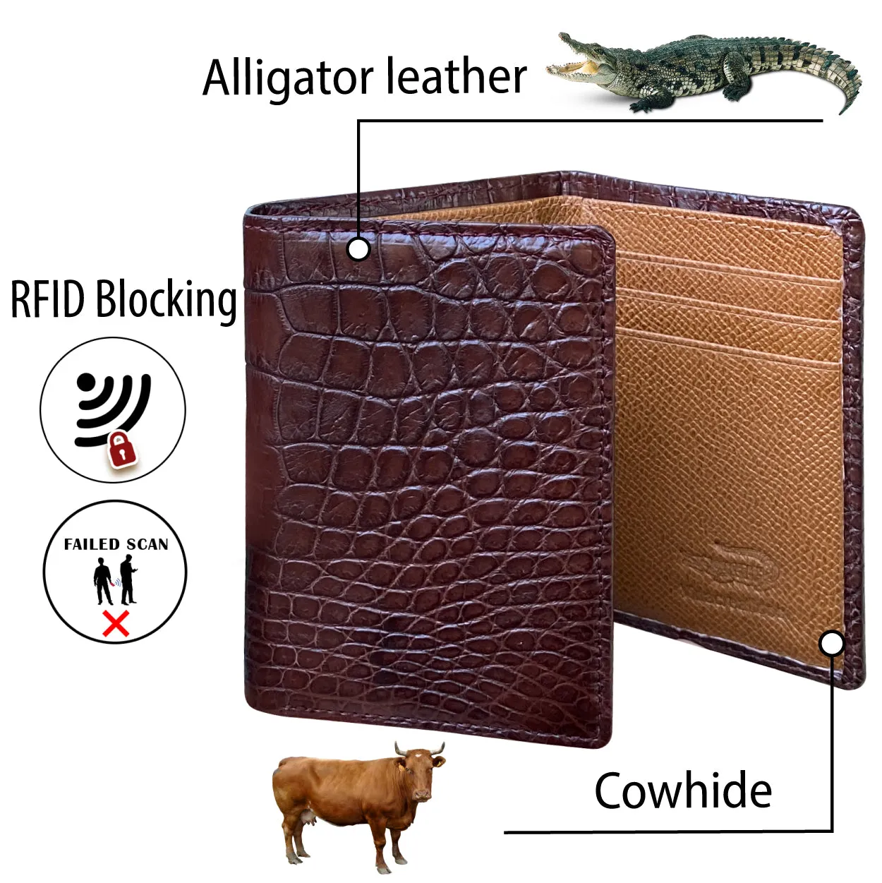 Brown Alligator Leather Trifold Wallet RFID Blocking | TRI36