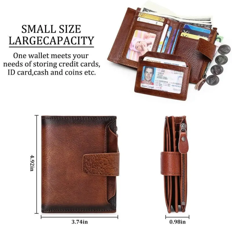 Casual Brown Genuine Leather Wallet for Men with Zipper Closure