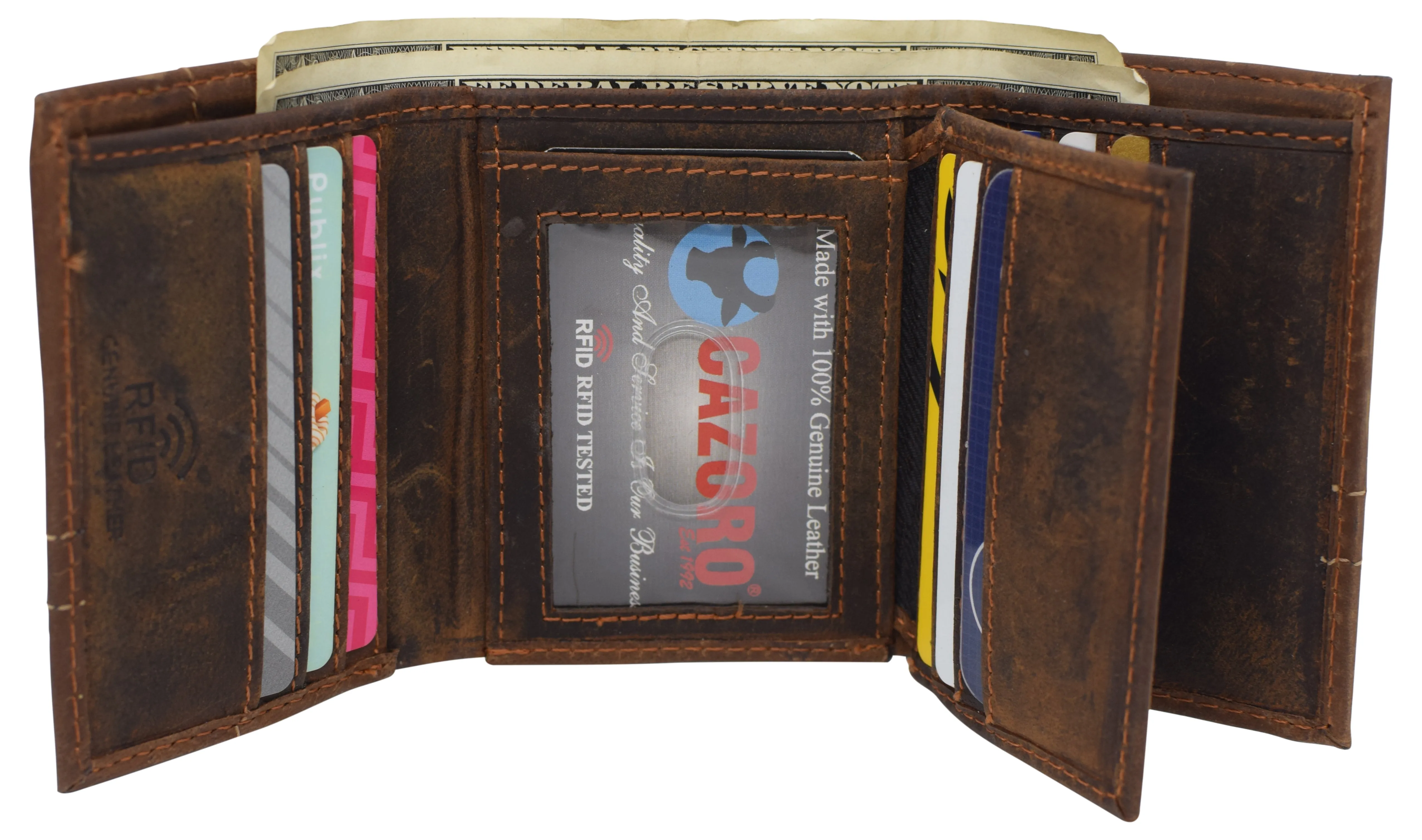 CAZORO RFID Distressed Leather Men's Classic Trifold Wallet for Men with Box RFID611107HTC