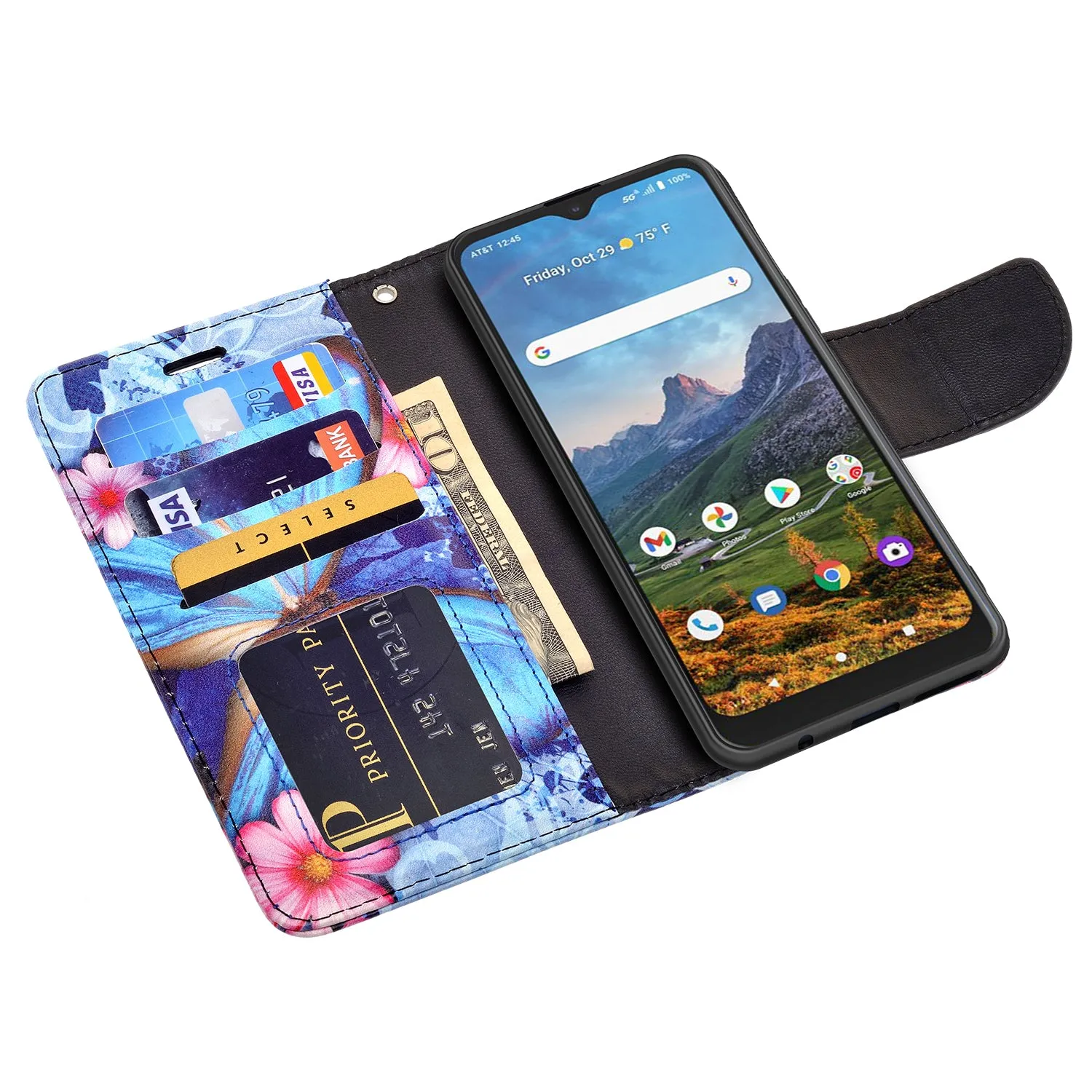 Cricket Dream 5G  Case, AT&T Radiant Max 5G / AT&T Fusion 5G Wallet Case, Wrist Strap Pu Leather Wallet Case [Kickstand] with ID & Credit Card Slots - Blue Butterfly