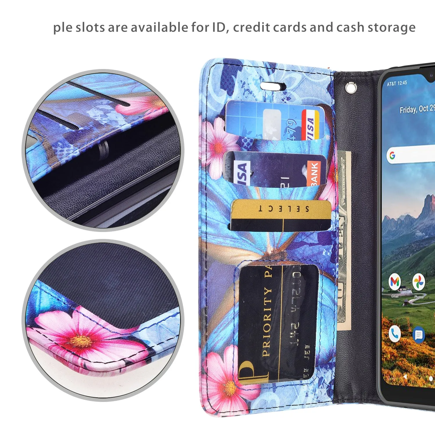 Cricket Dream 5G  Case, AT&T Radiant Max 5G / AT&T Fusion 5G Wallet Case, Wrist Strap Pu Leather Wallet Case [Kickstand] with ID & Credit Card Slots - Blue Butterfly