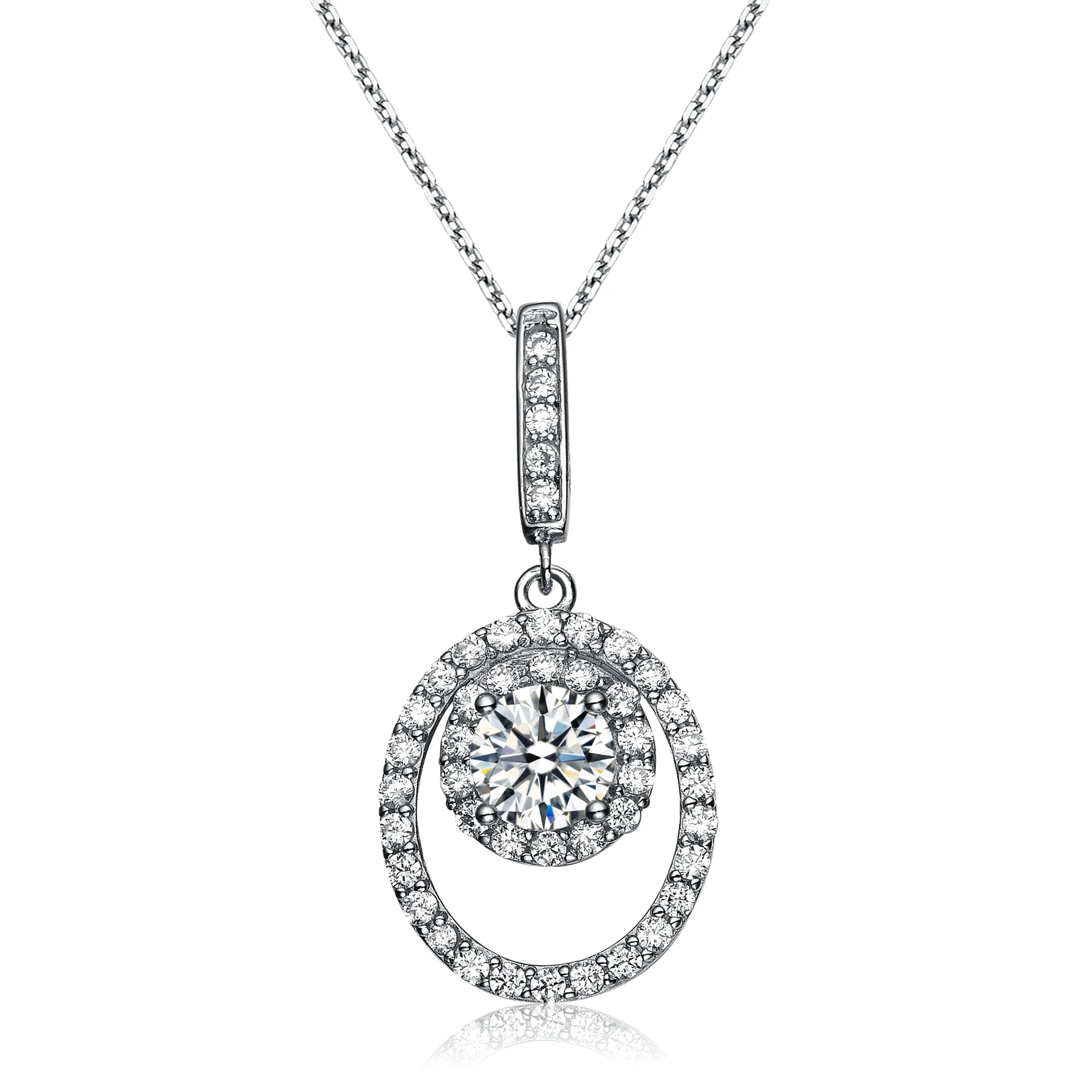 CZ Sterling Silver Rhodium Plated Oval Drop Pendant