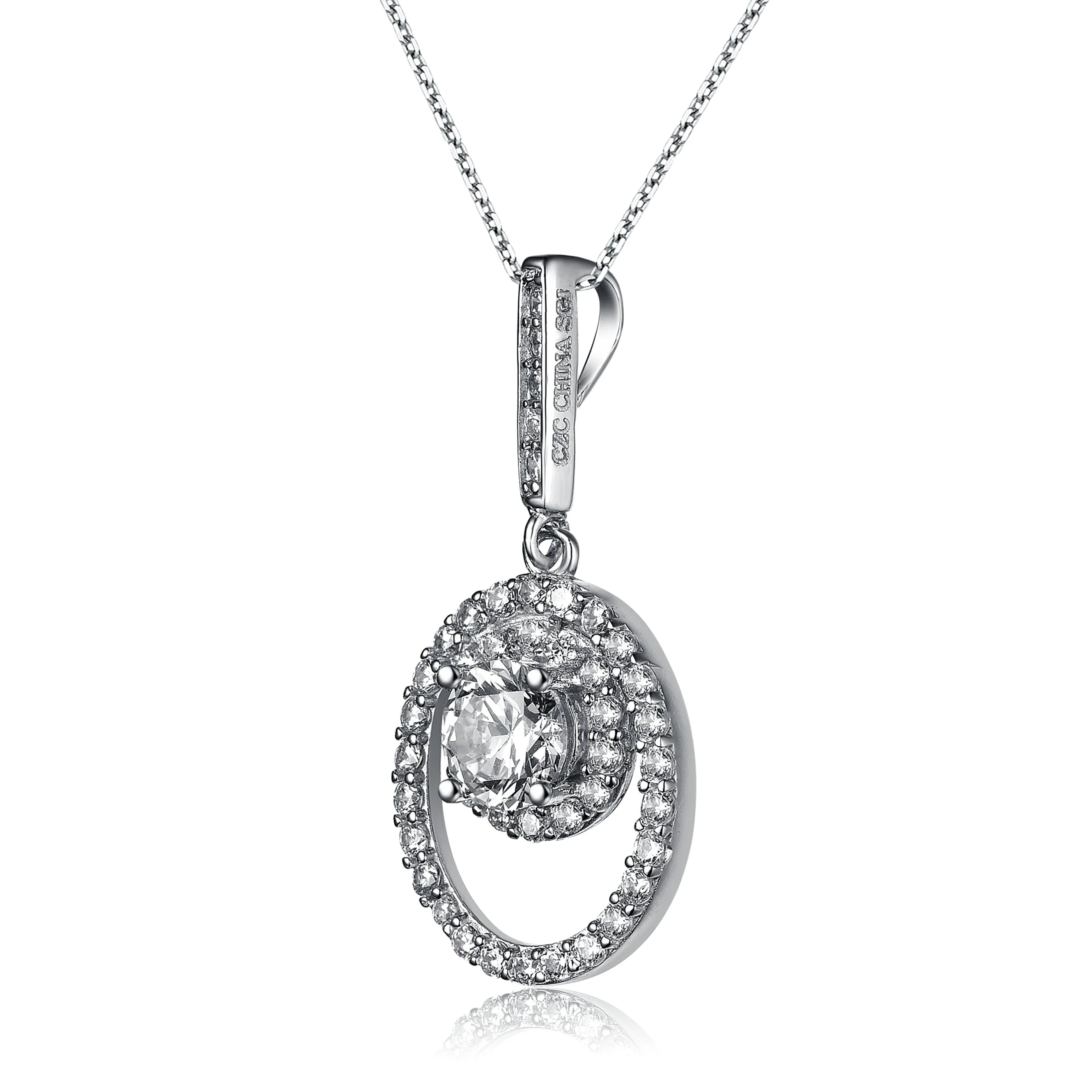 CZ Sterling Silver Rhodium Plated Oval Drop Pendant