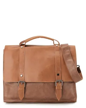 Distressed Leather Compact Office Bag - Camel